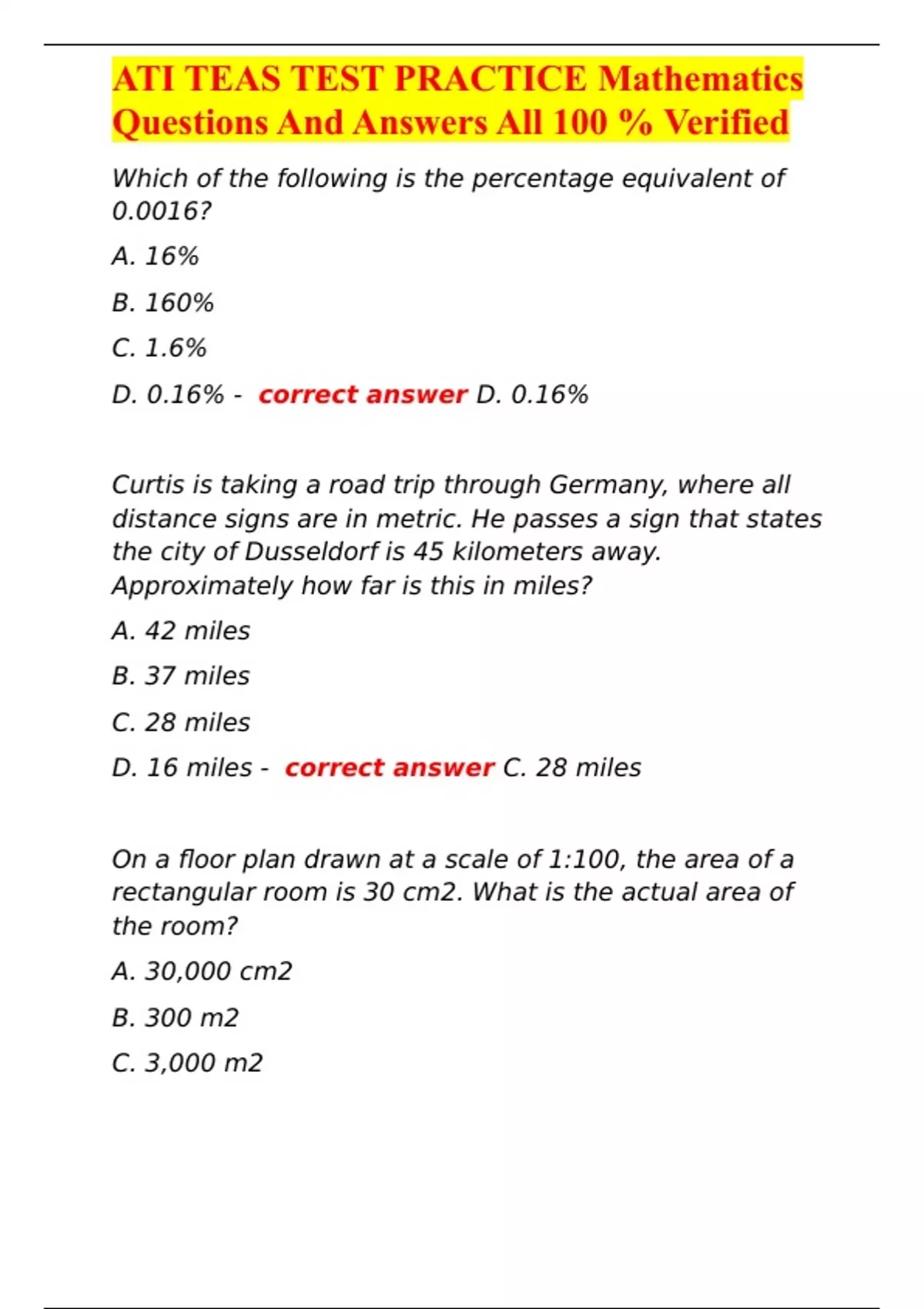 ATI TEAS TEST PRACTICE Mathematics Questions And Answers All 100 