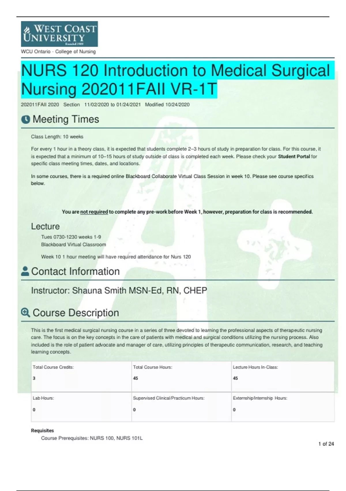 NURS 120 Introduction to Medical Surgical Nursing 202011FAII VR-1T ...