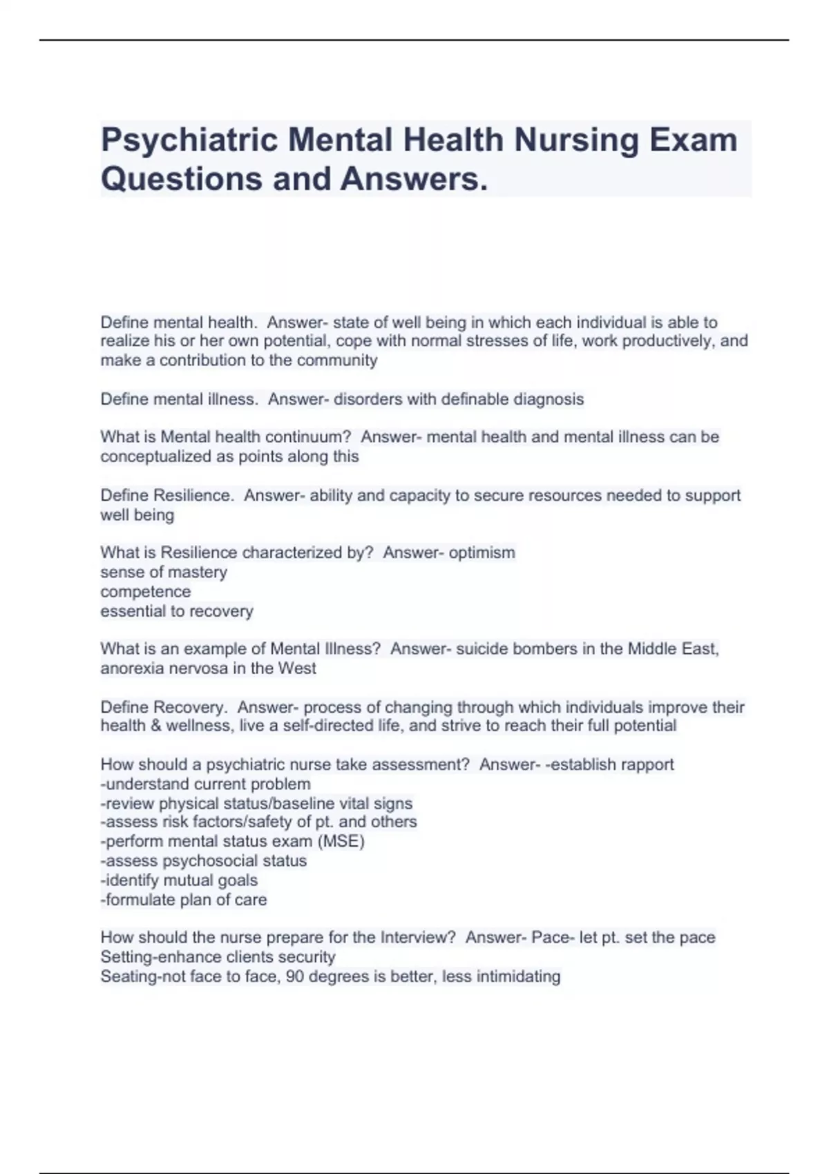 Psychiatric Mental Health Nursing Exam Questions and Answers