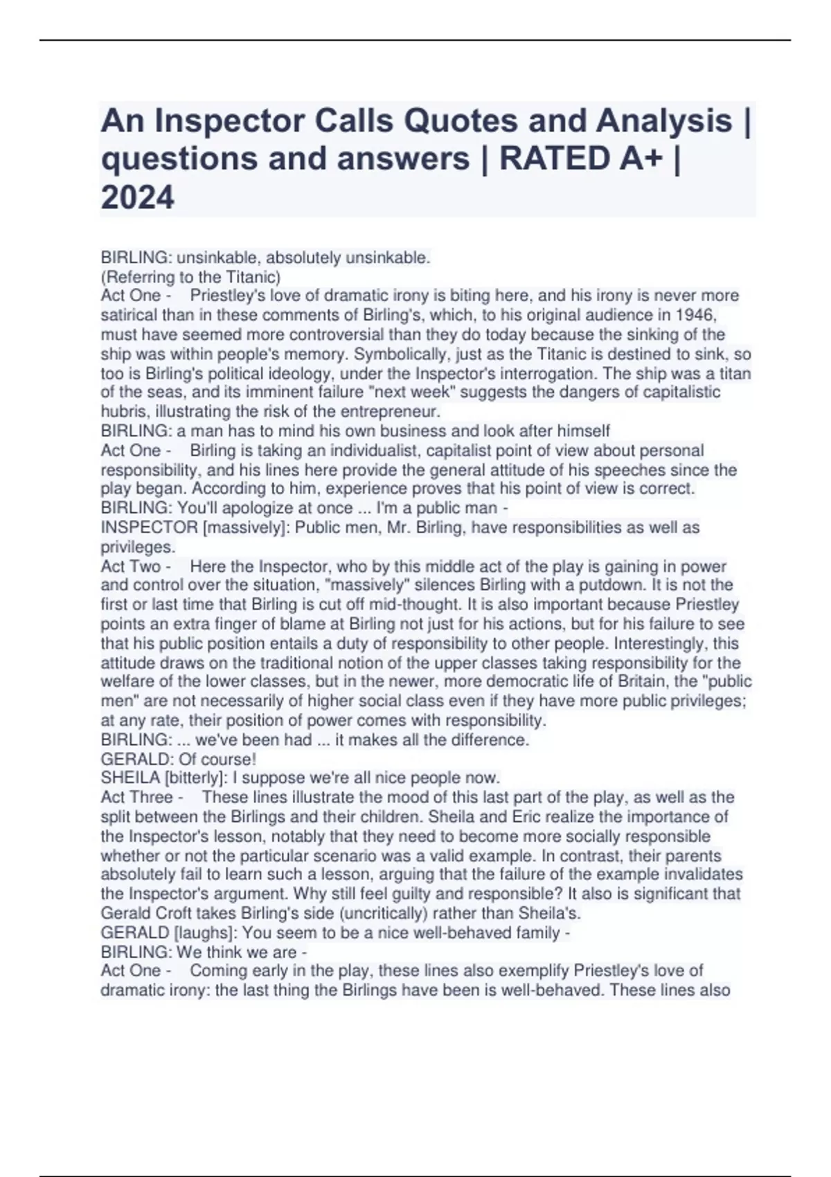 An Inspector Calls Quotes and Analysis questions and answers RATED