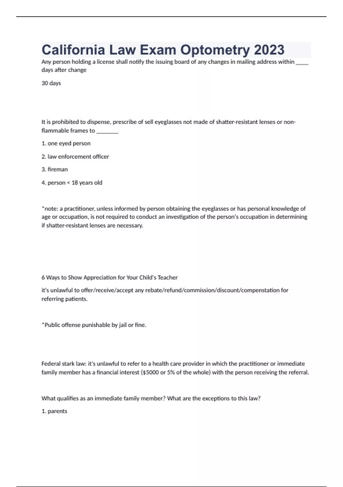California Law Exam Optometry 2023/2024 with correct questions and