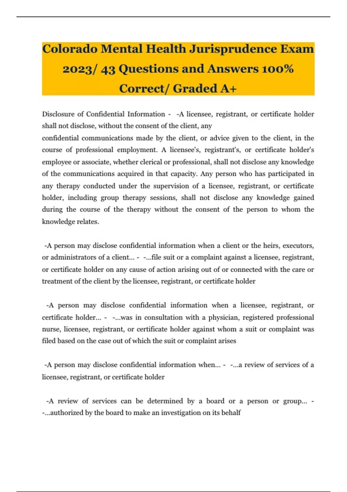 Colorado Mental Health Jurisprudence Exam 2023/ 43 Questions and