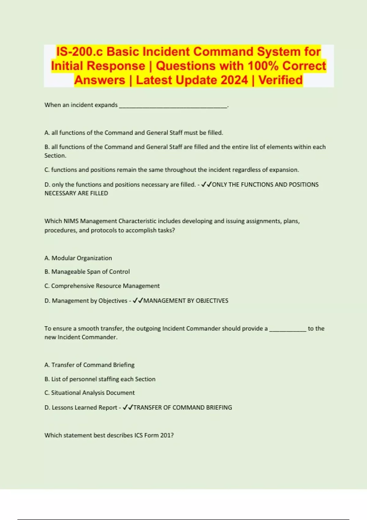 IS200.c Basic Incident Command System for Initial Response Questions