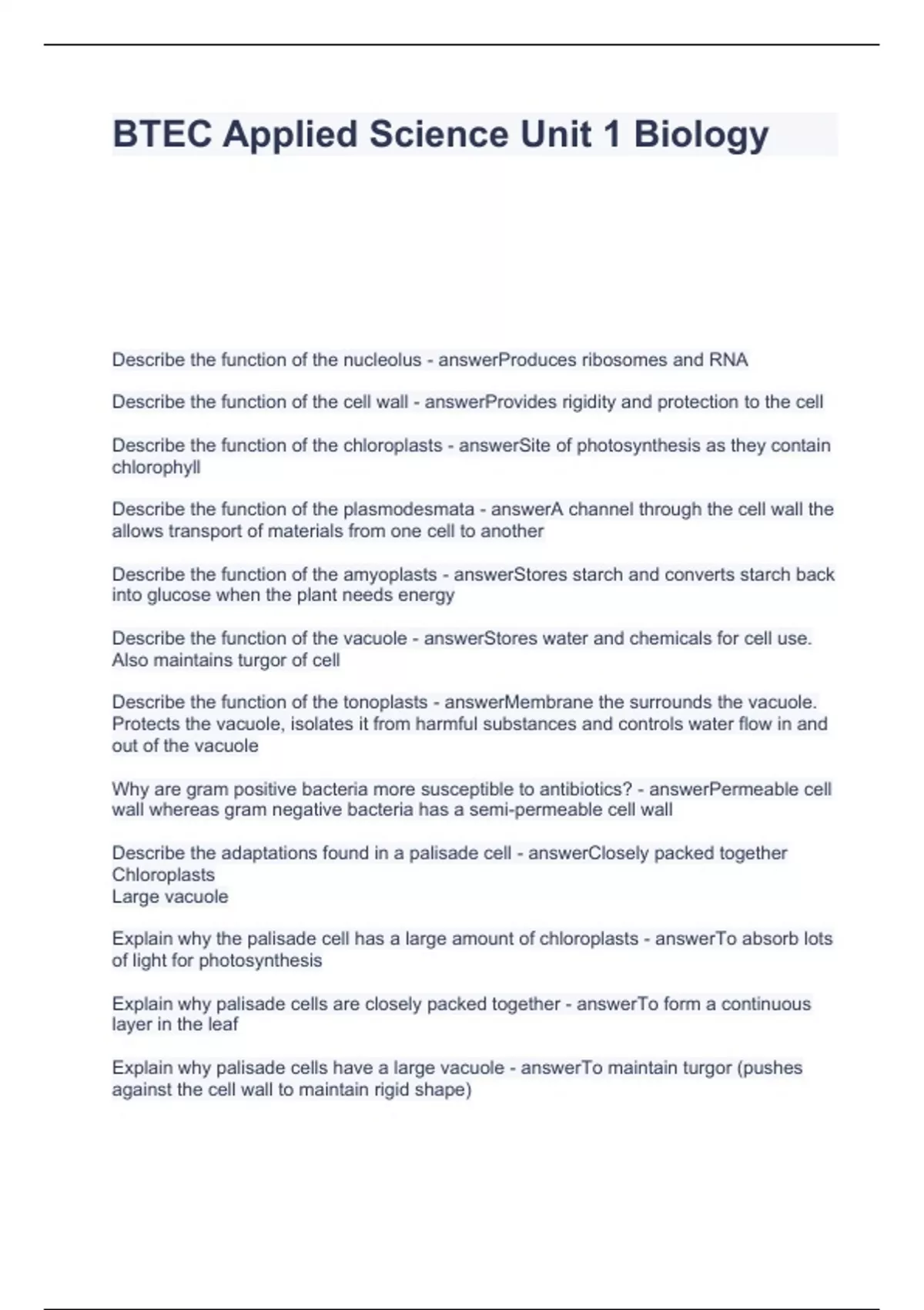 BTEC Applied Science Unit 1 Biology EXAM questions with solutions