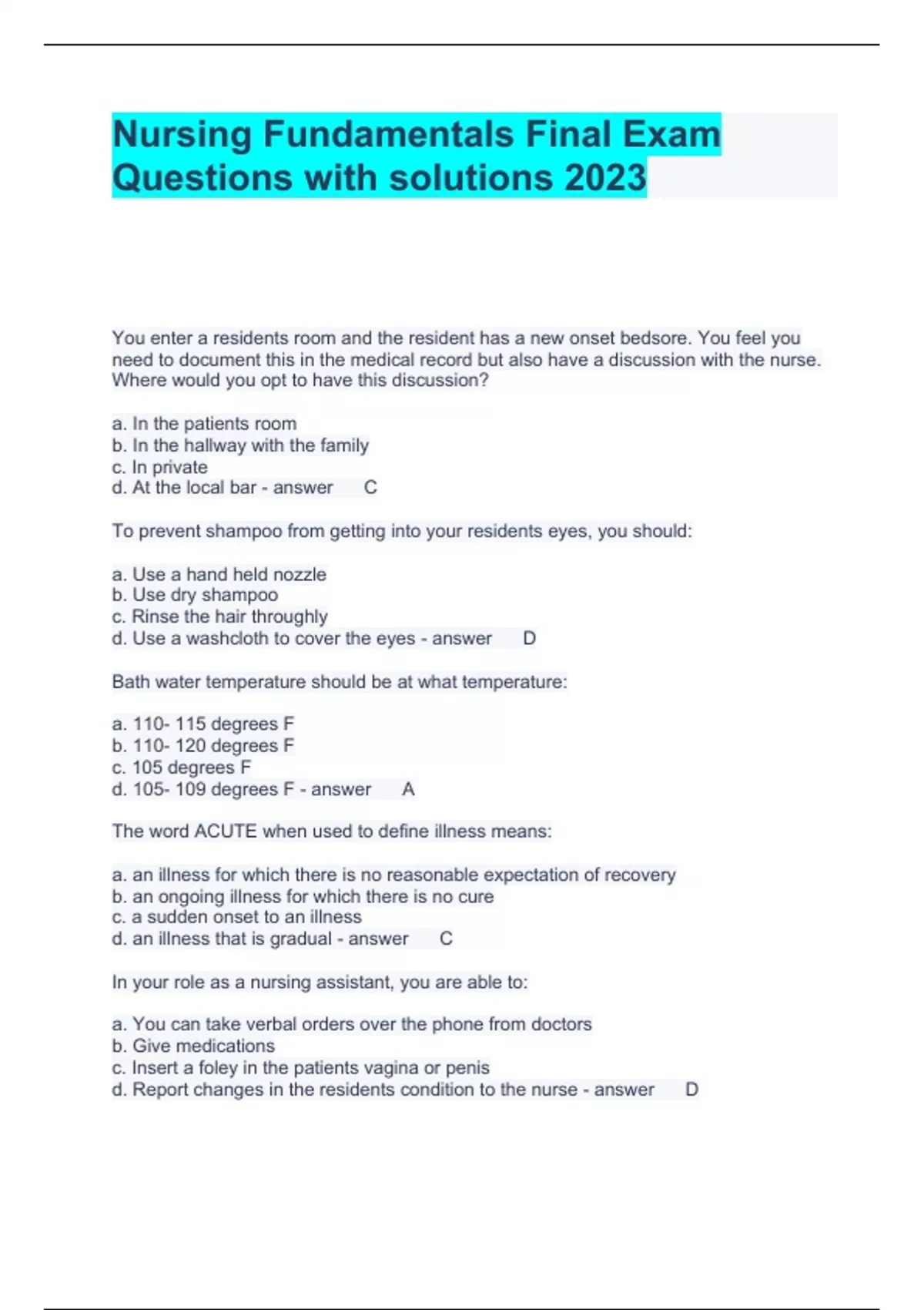 Nursing Fundamentals Final Exam Questions with solutions 2023 - Nursing ...