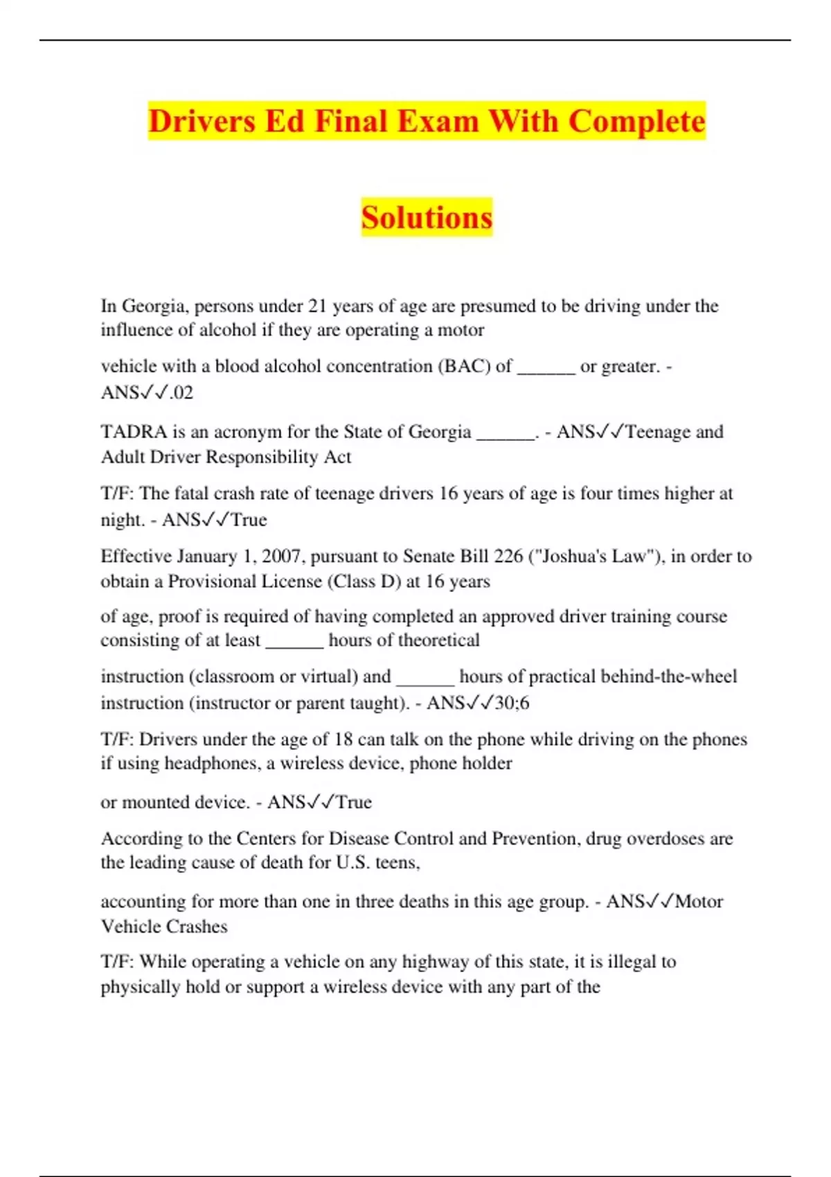 Drivers Ed Final Exam With Complete Solutions DRIVERS ED Stuvia US