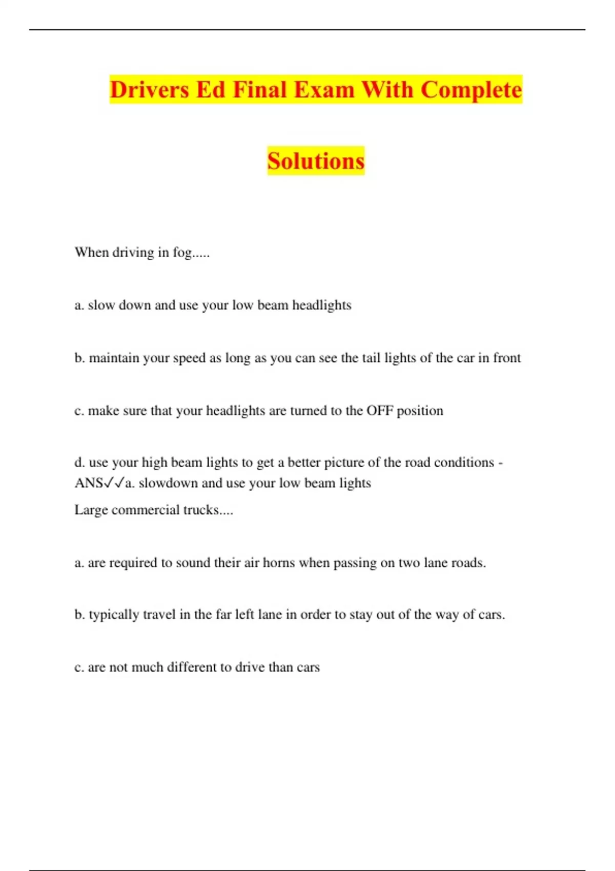 Drivers Ed Final Exam With Complete Solutions Drivers Ed Stuvia US