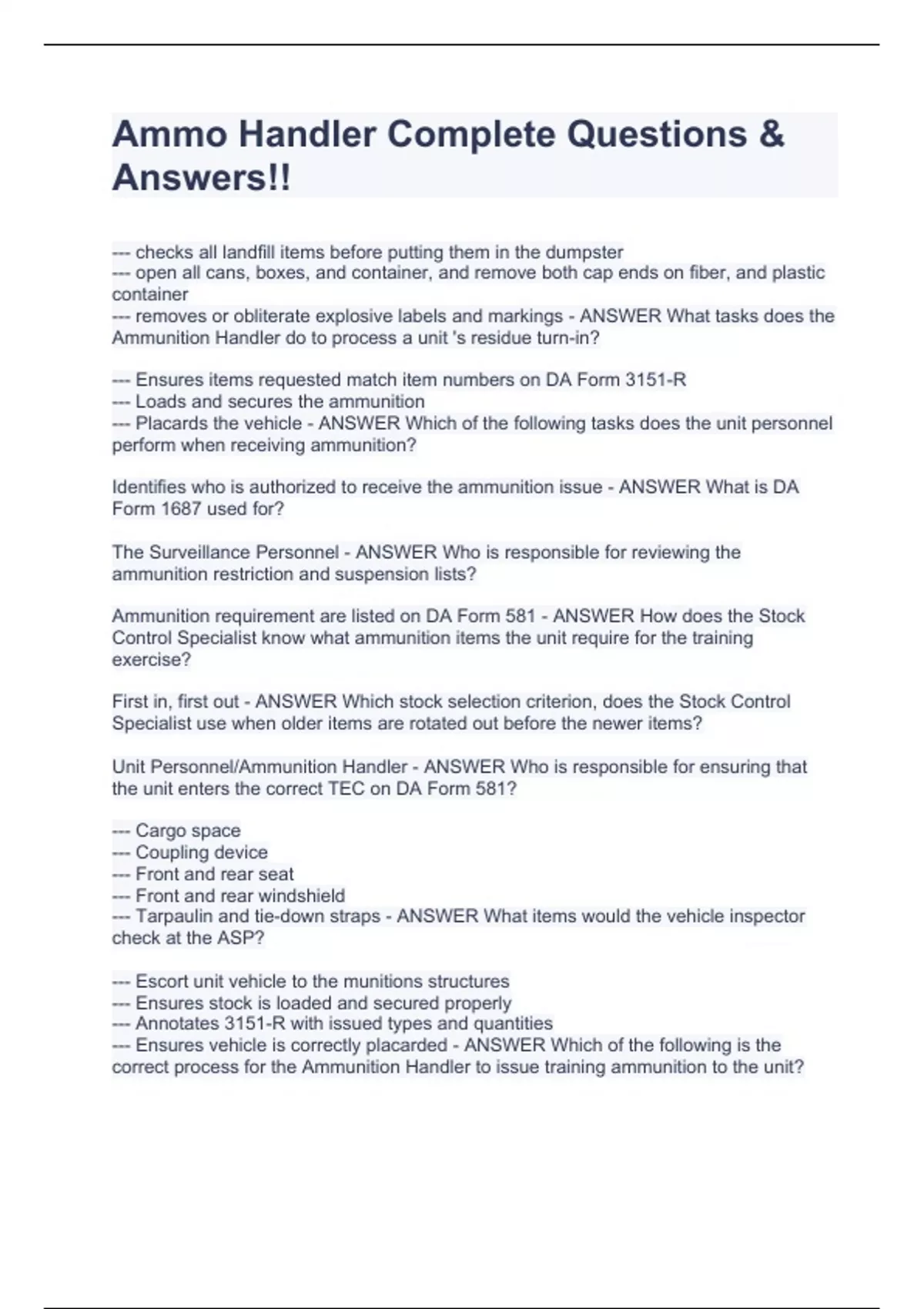 Ammo Handler Complete Questions & Answers!! Ammo Handler Stuvia US