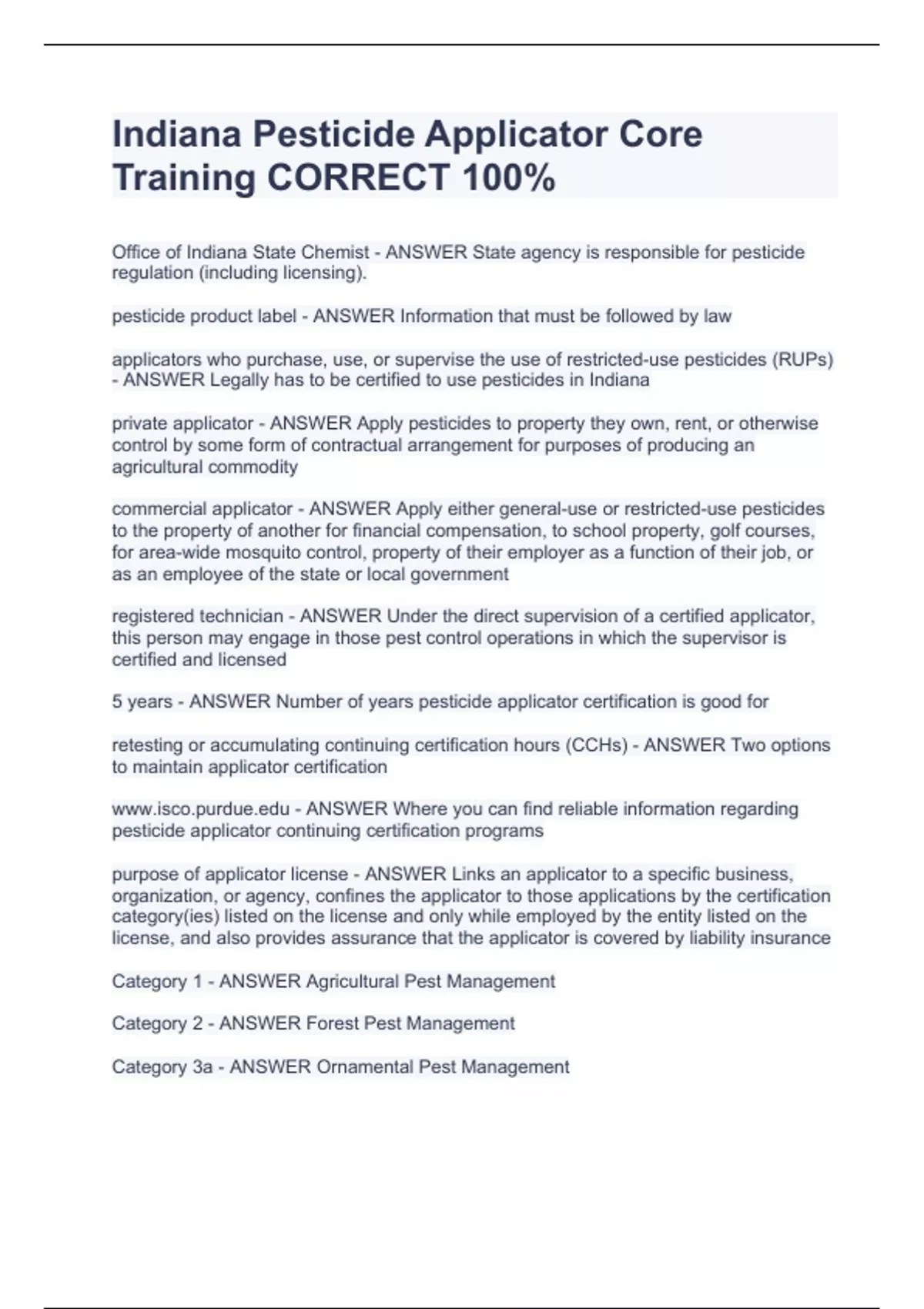 Indiana Pesticide Applicator Core Training CORRECT 100 Indiana