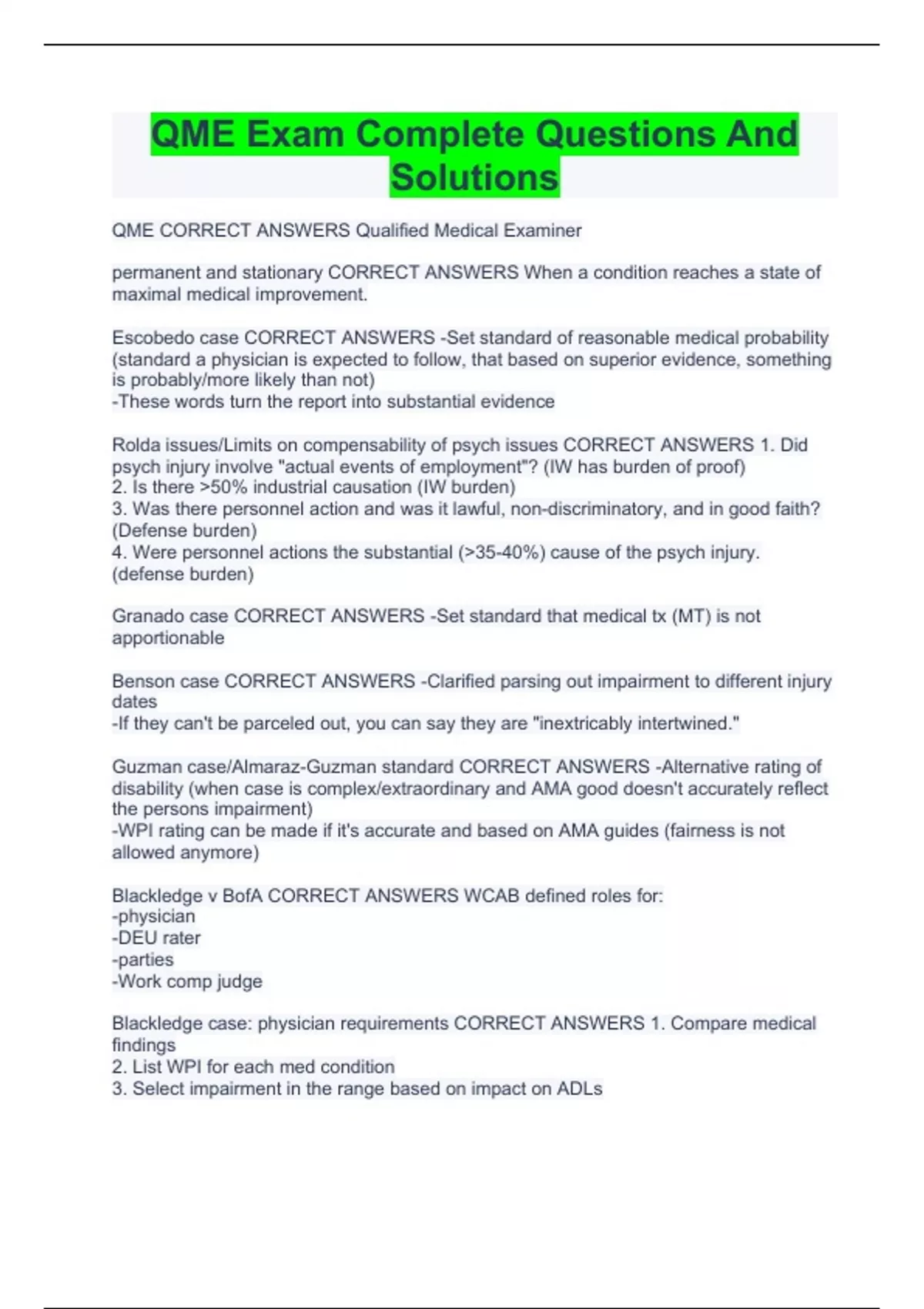 QME Exam Complete Questions And Solutions QME Stuvia US