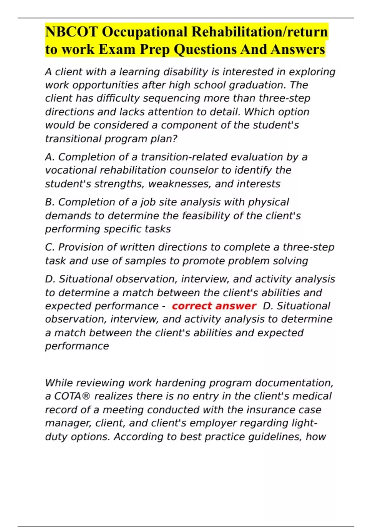 NBCOT Occupational Rehabilitation/return to work Exam Prep Questions ...