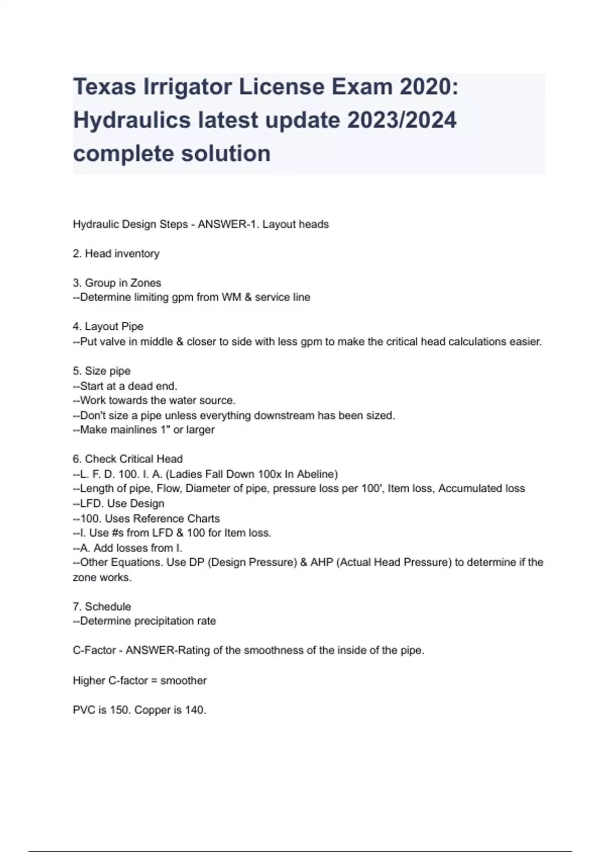 Texas Irrigator License Exam 2020 Hydraulics latest update 2023/2024