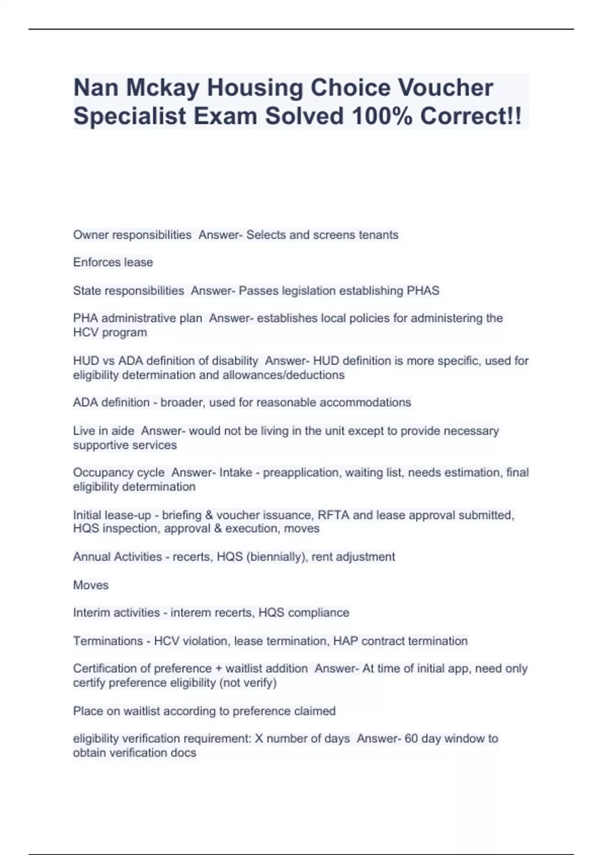 Nan Mckay Housing Choice Voucher Specialist Exam Solved 100 Correct