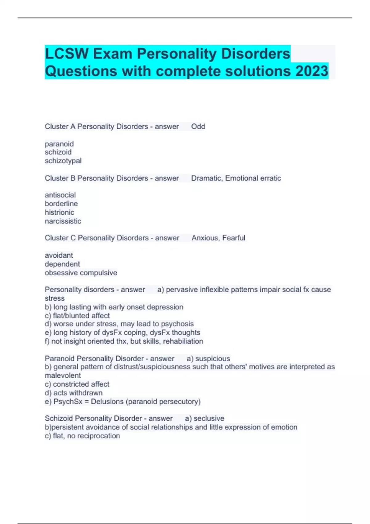 Example Lcsw Questions LCSW Exam Personality Disorders Questions with complete solutions 2023 ...
