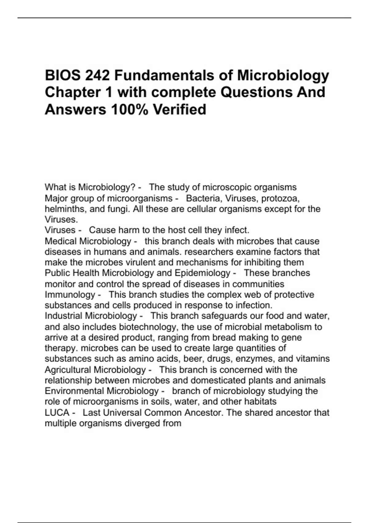 BIOS 242 Fundamentals of Microbiology Chapter 1 with complete Questions ...