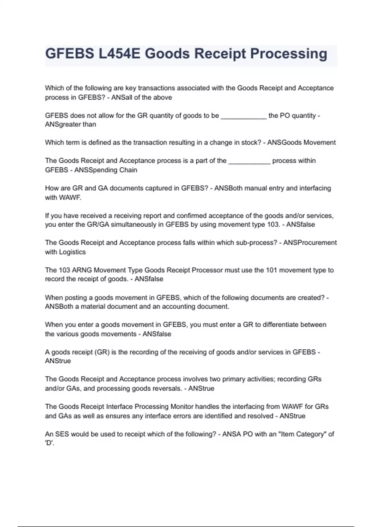 GFEBS L454E Goods Receipt Processing 2023/2024 already graded A+