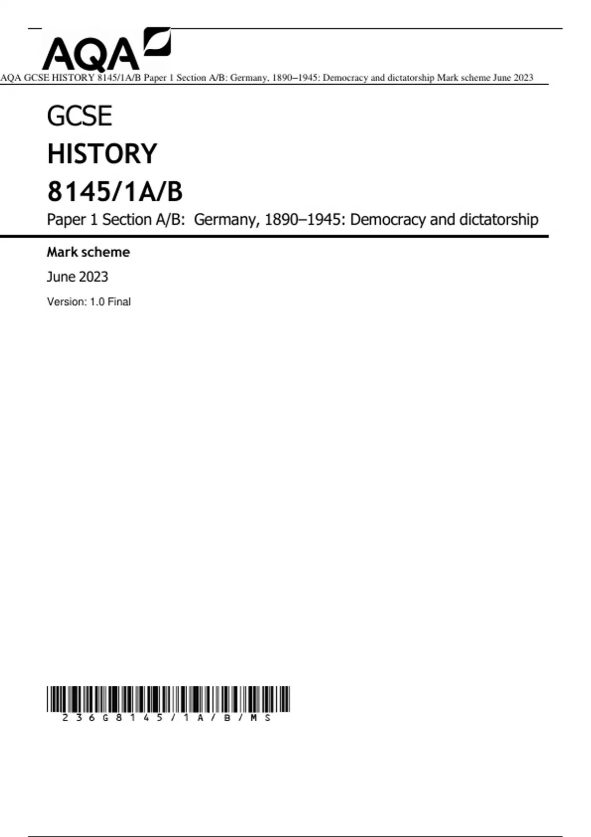 AQA GCSE HISTORY 8145/1A/B Paper 1 Section A/B Germany, 18901945