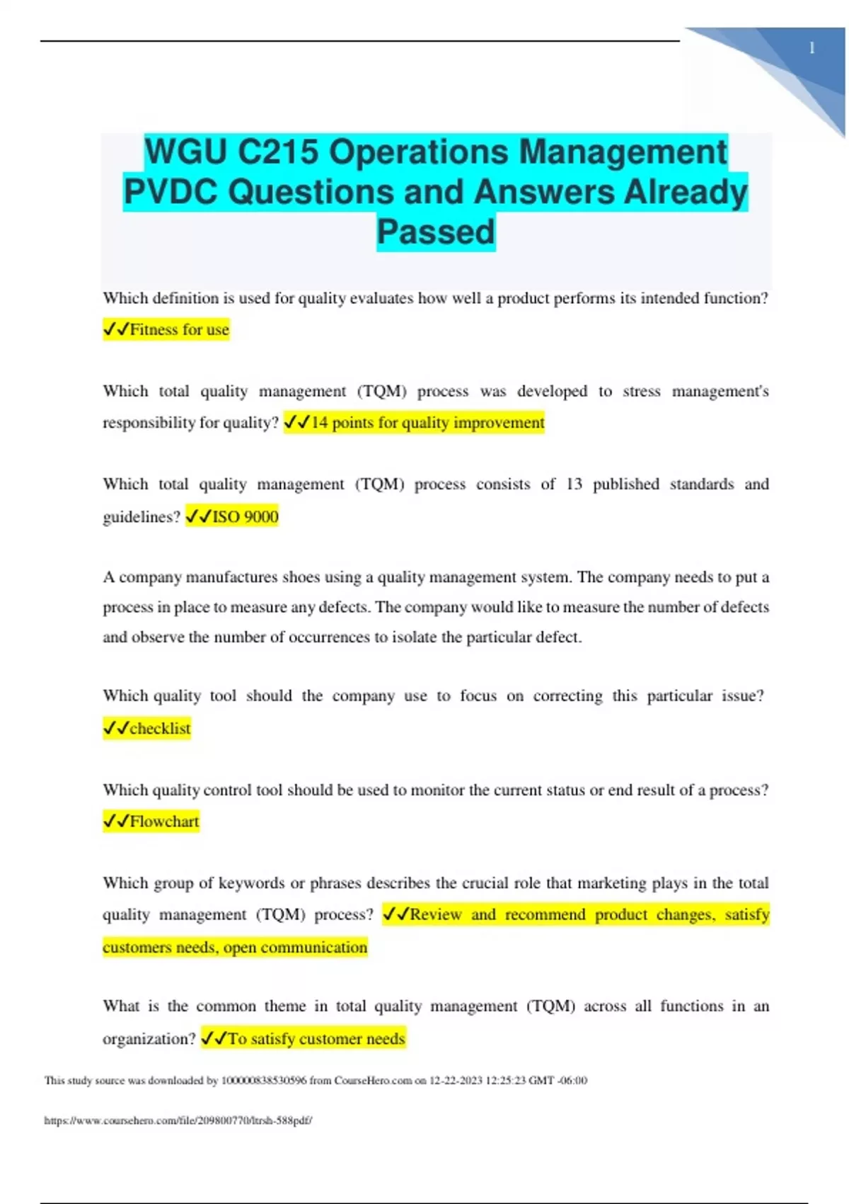 WGU C215 Operations Management PVDC Questions and Answers Already ...