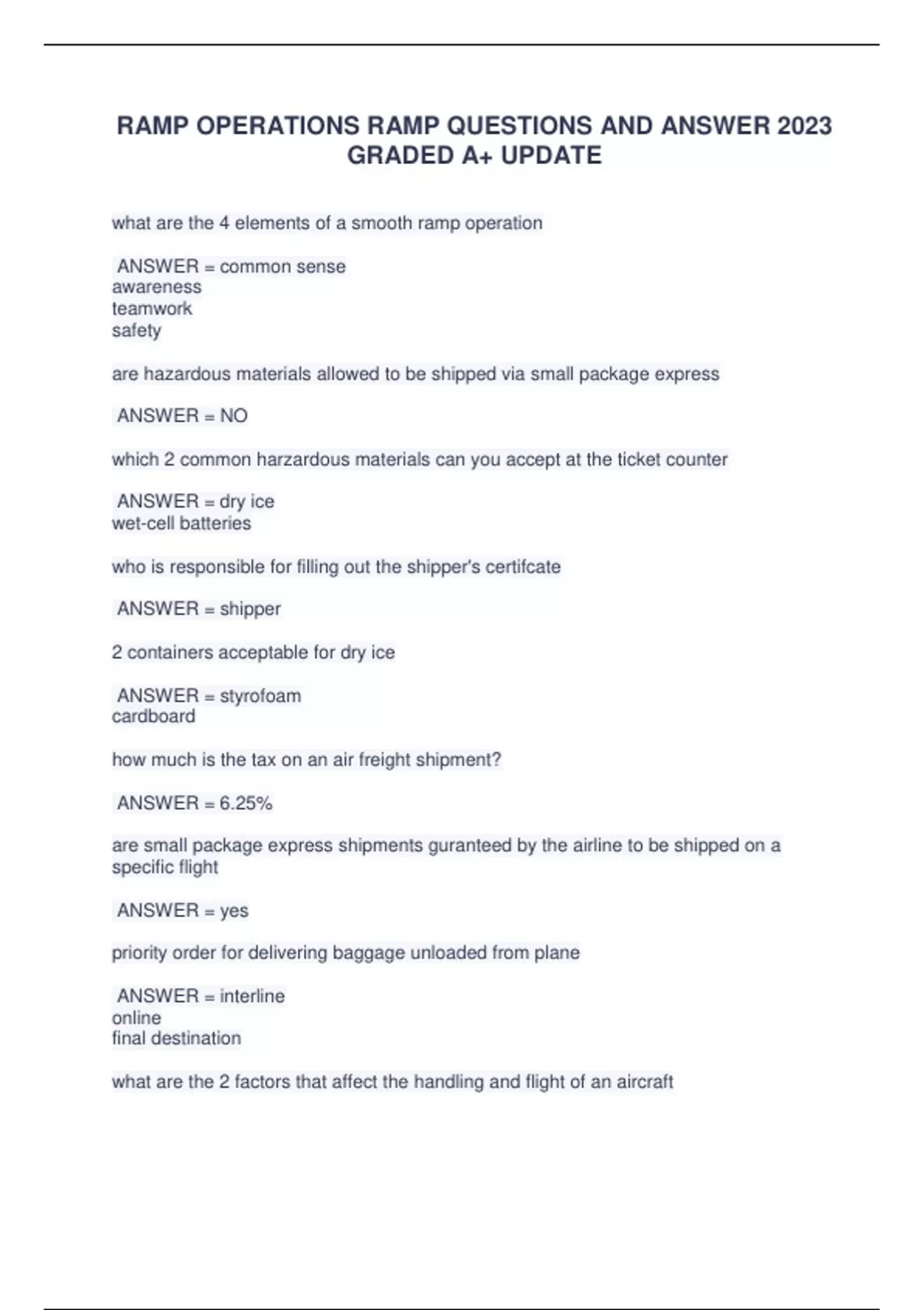 RAMP OPERATIONS RAMP QUESTIONS AND ANSWER 2023 GRADED A+ UPDATE RAMP