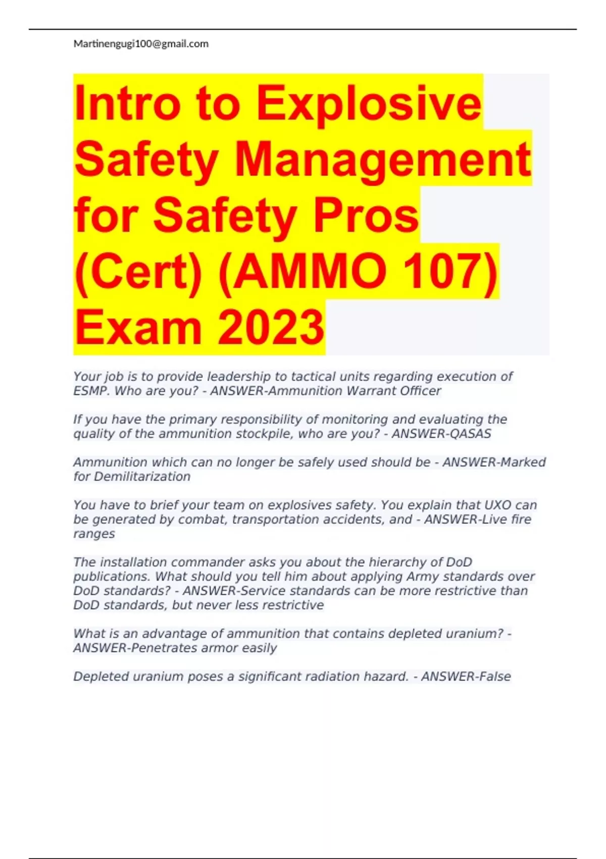 Intro to Explosive Safety Management (AMMO 107) Exam Questions with