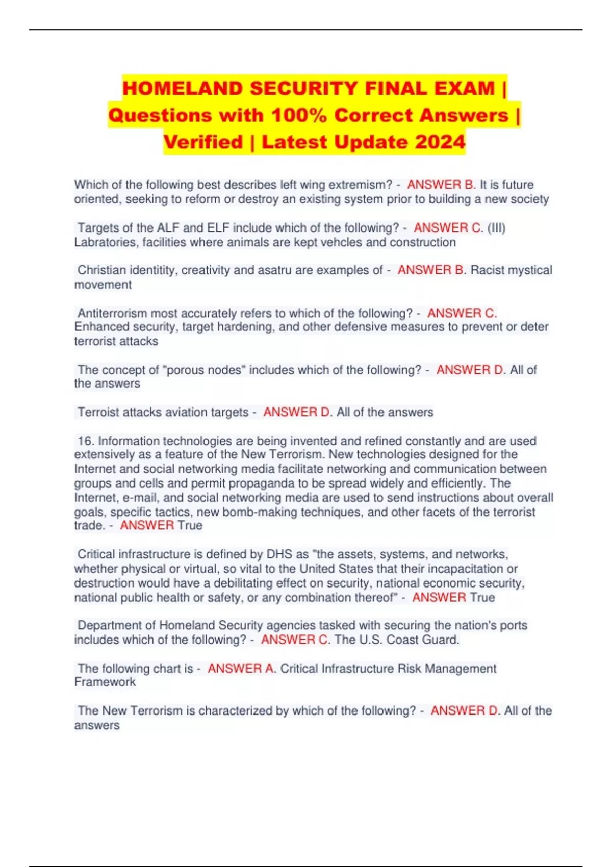 HOMELAND SECURITY FINAL EXAM Questions with 100 Correct Answers