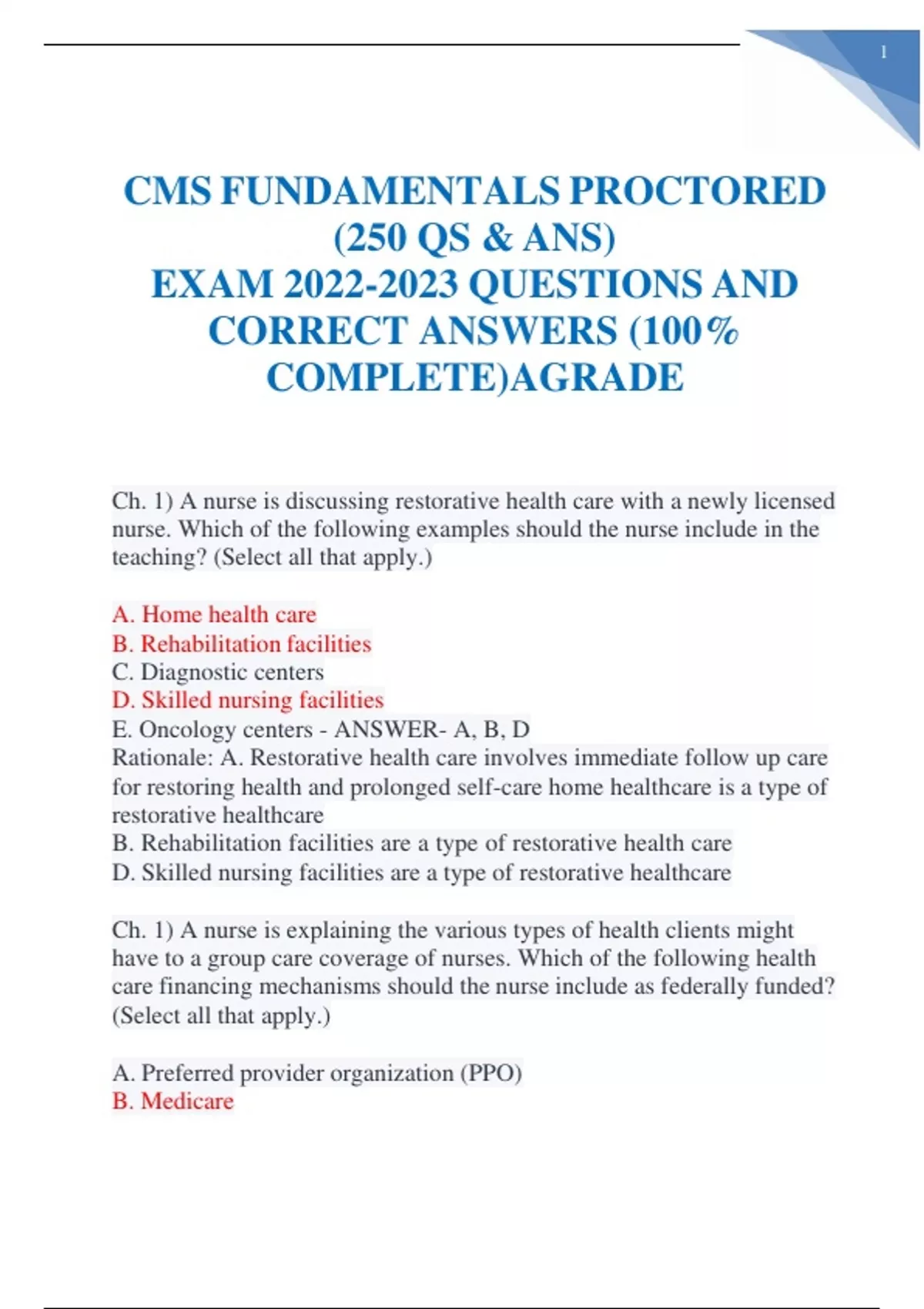 CMS FUNDAMENTALS PROCTORED (250 QS & ANS) EXAM QUESTIONS AND CORRECT ...
