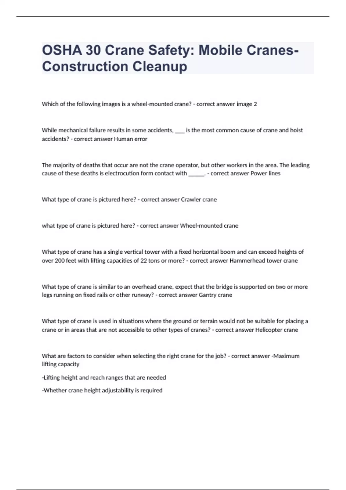 OSHA 30 Crane Safety Mobile Cranes Construction Cleanup Question and answers correctly solved