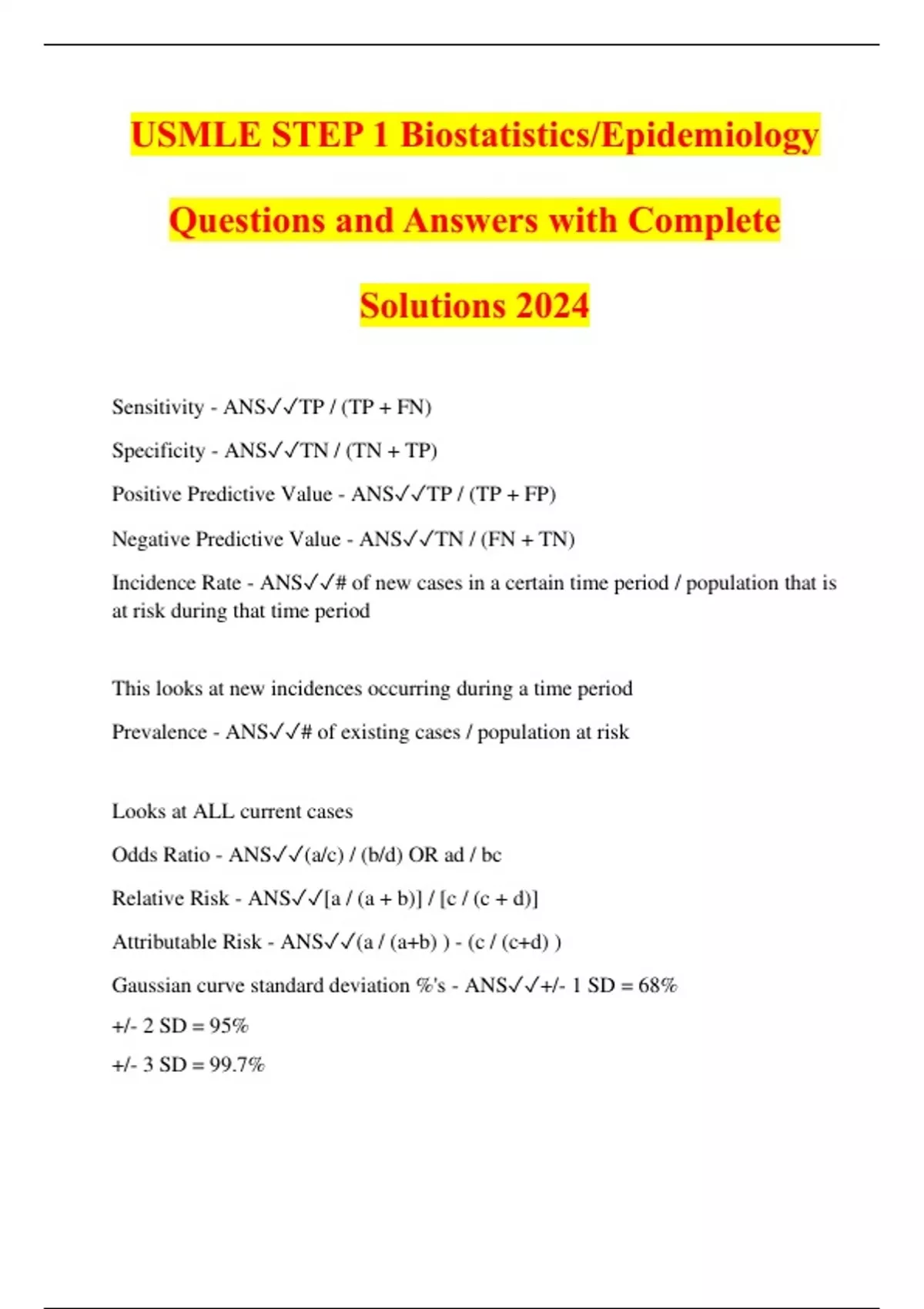 USMLE STEP 1 Biostatistics/Epidemiology Questions and Answers with