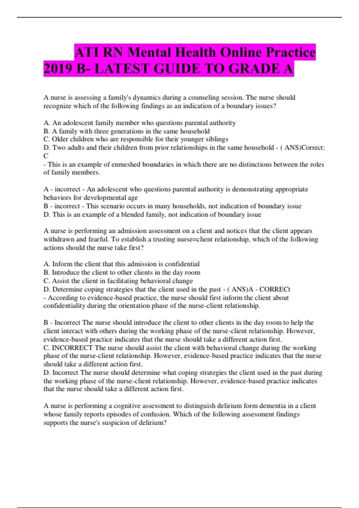 ATI RN Mental Health Online Practice 2019 B LATEST GUIDE TO GRADE A