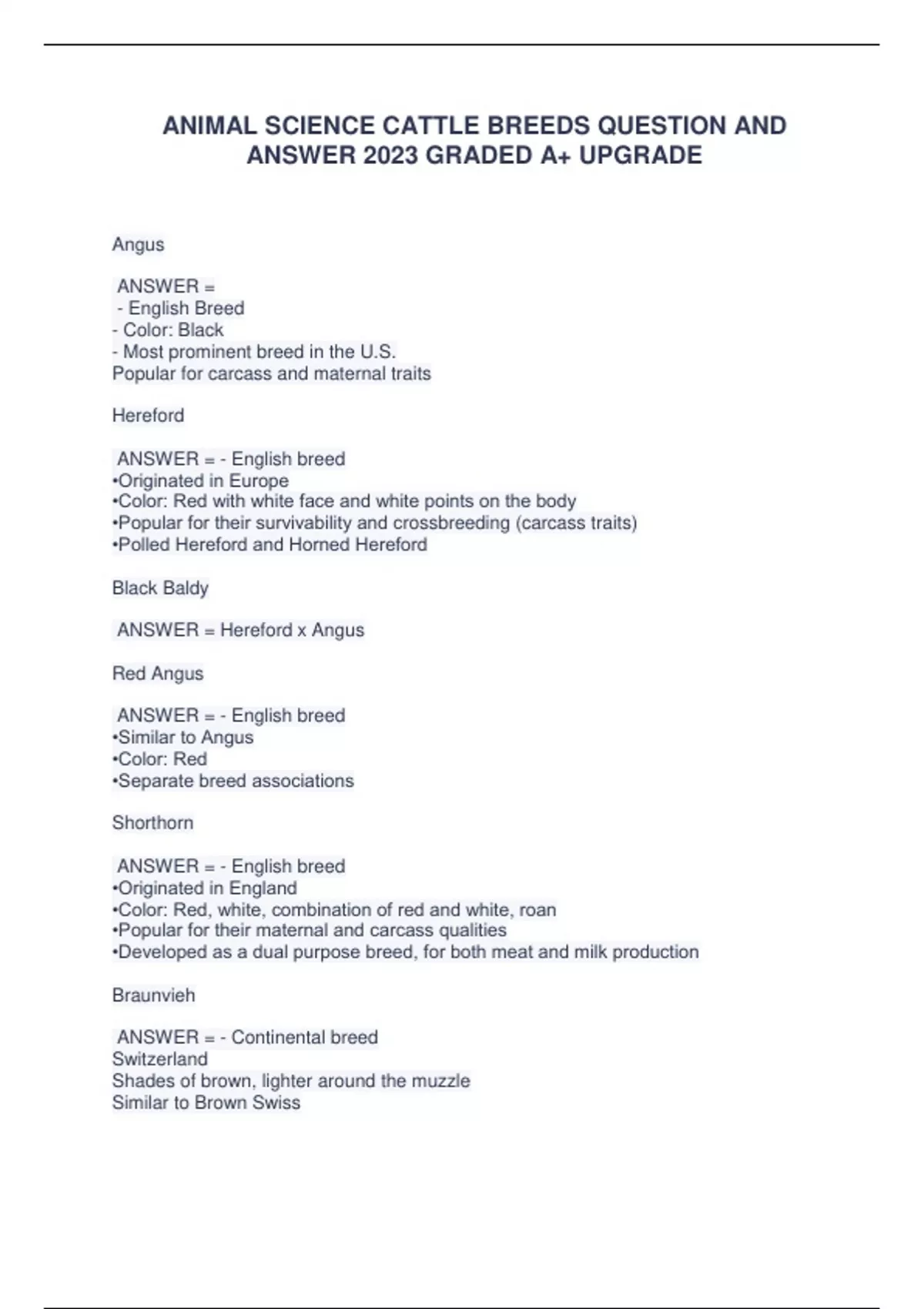 ANIMAL SCIENCE CATTLE BREEDS QUESTION AND ANSWER 2023 GRADED A+ UPGRADE