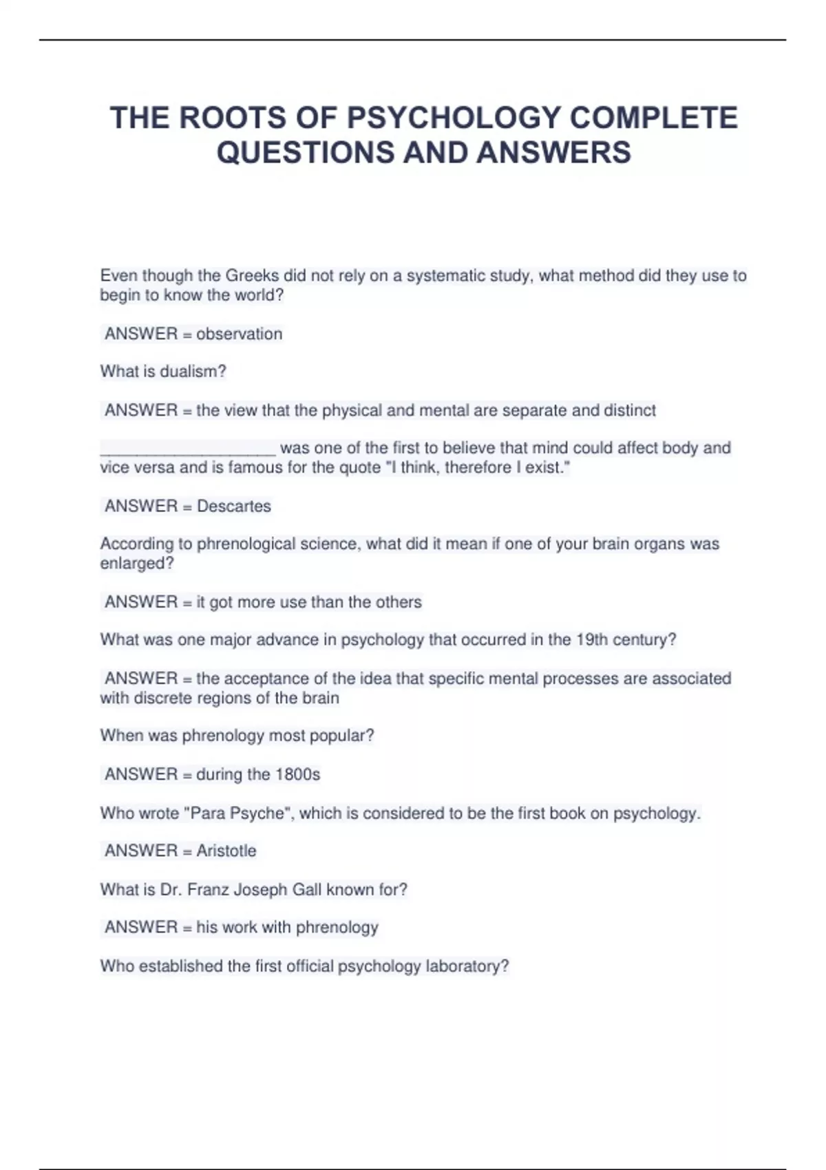 The Roots Bio Questions THE ROOTS OF PSYCHOLOGY COMPLETE QUESTIONS AND ANSWERS - THE ROOTS OF ...