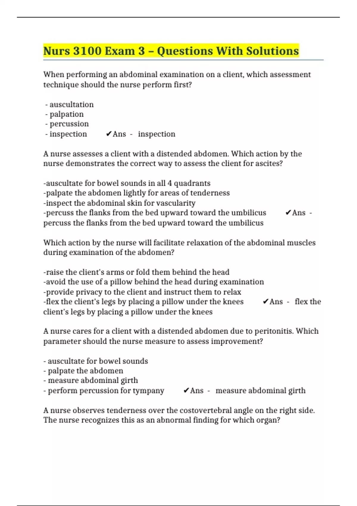 Nurs 3100 Exam 3 – Questions With Solutions - NURS 3100 - Stuvia US