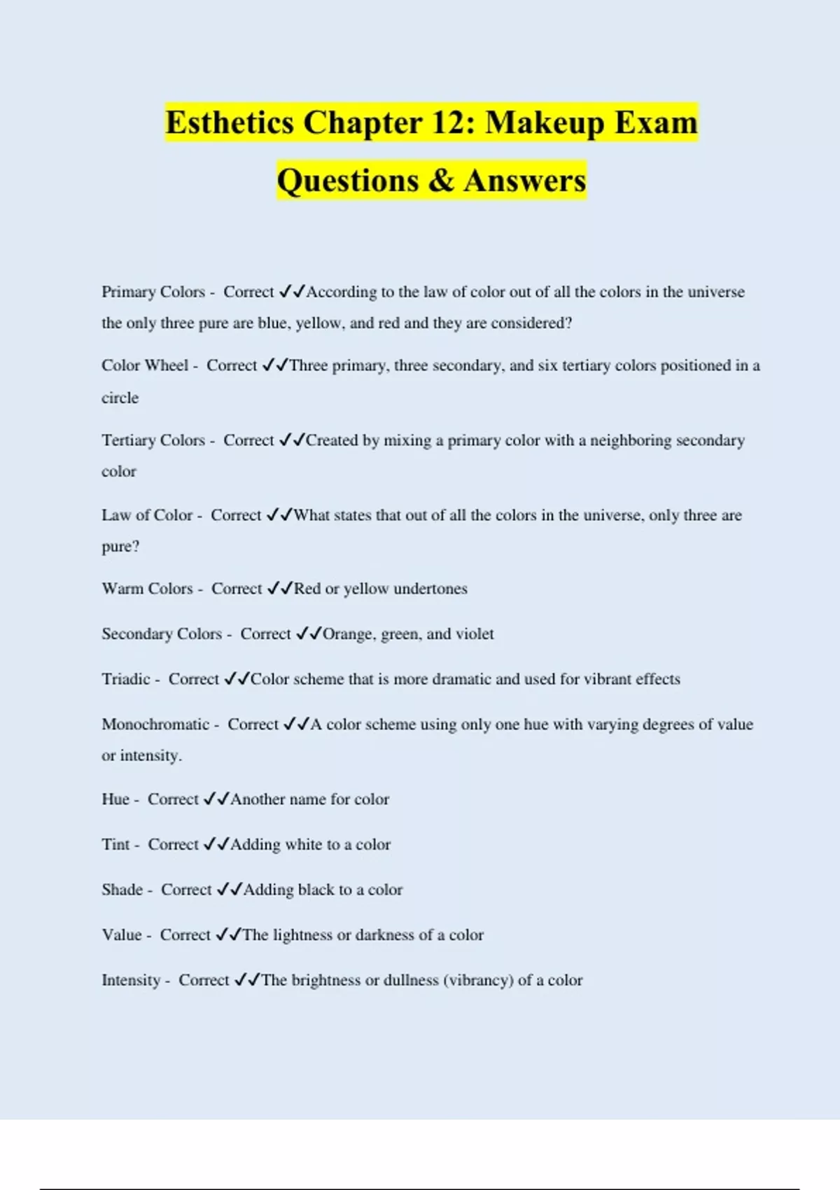 Esthetics Chapter 12: Makeup Exam Questions & Answers - Milady Esthetics  Makeup - Stuvia US