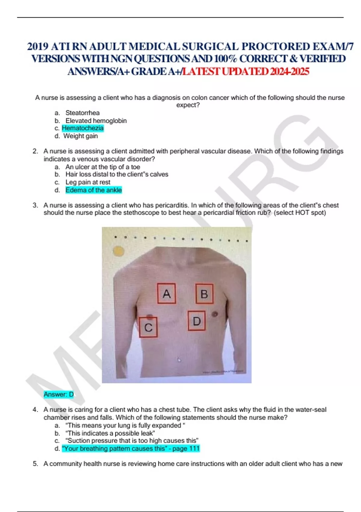 2019 ATI RN ADULT MEDICAL SURGICAL PROCTORED EXAM/7 VERSIONS WITH NGN ...