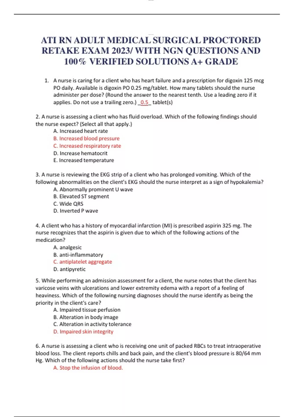 ATI RN ADULT MEDICAL SURGICAL PROCTORED RETAKE EXAM 2023/ WITH NGN ...