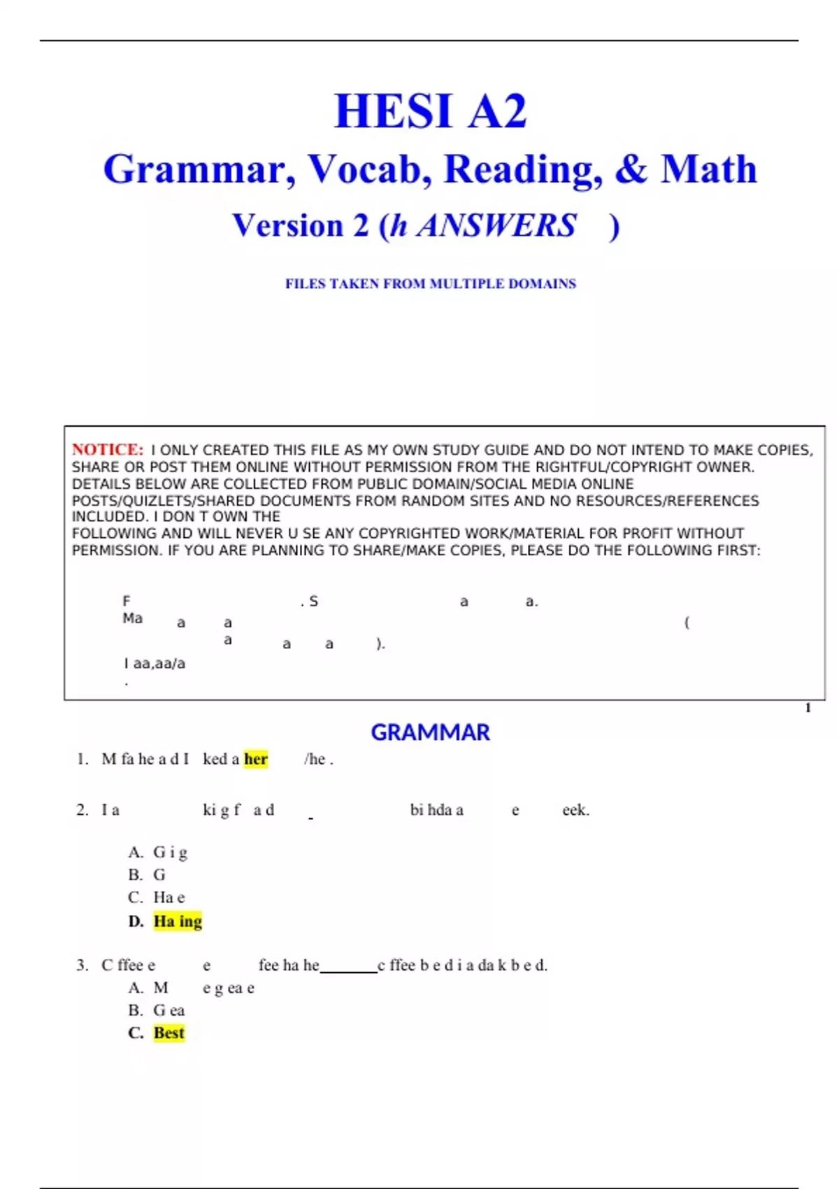 HESI A2 Version 2 - Grammar, Vocab, Reading, Math Study Guide - Nursing ...