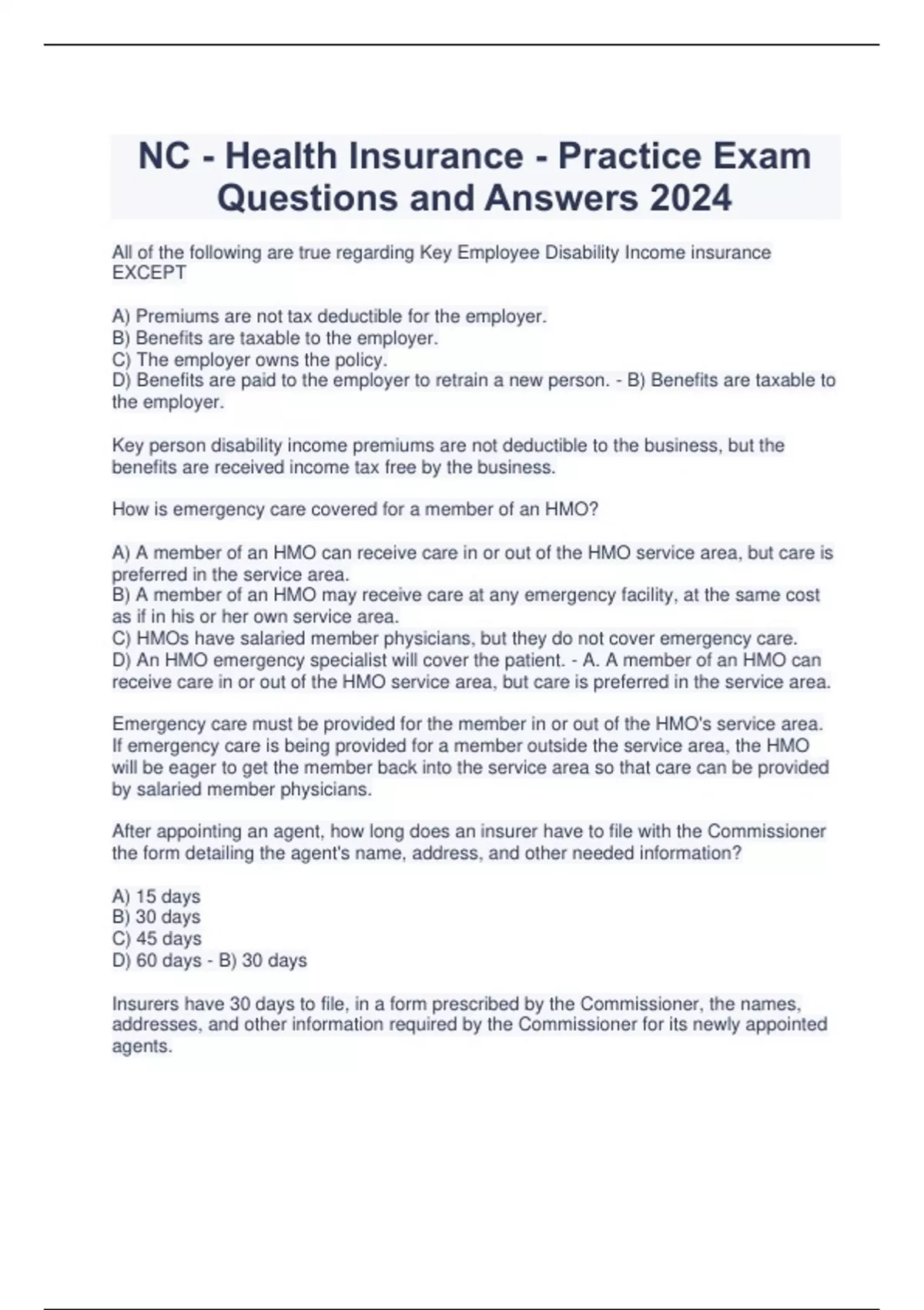 NC Health Insurance Practice Exam Questions and Answers 2024 NC Health Insurance Stuvia US
