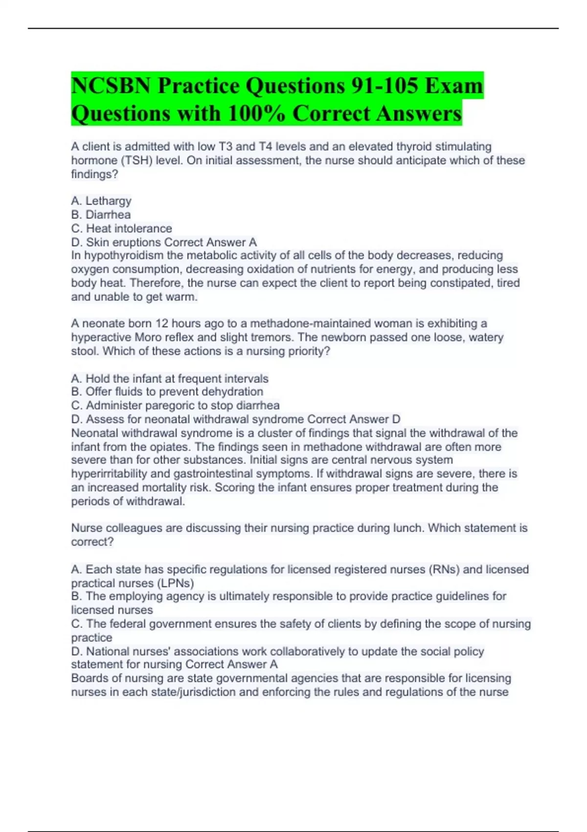 NCSBN Practice Questions 91105 Exam Questions with 100 Correct