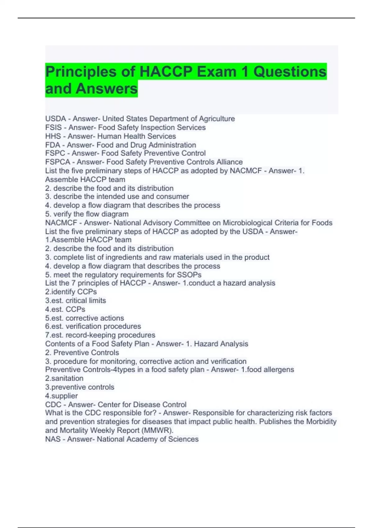 Principles of HACCP Exam 1 Questions and Answers (Graded A) HACCP