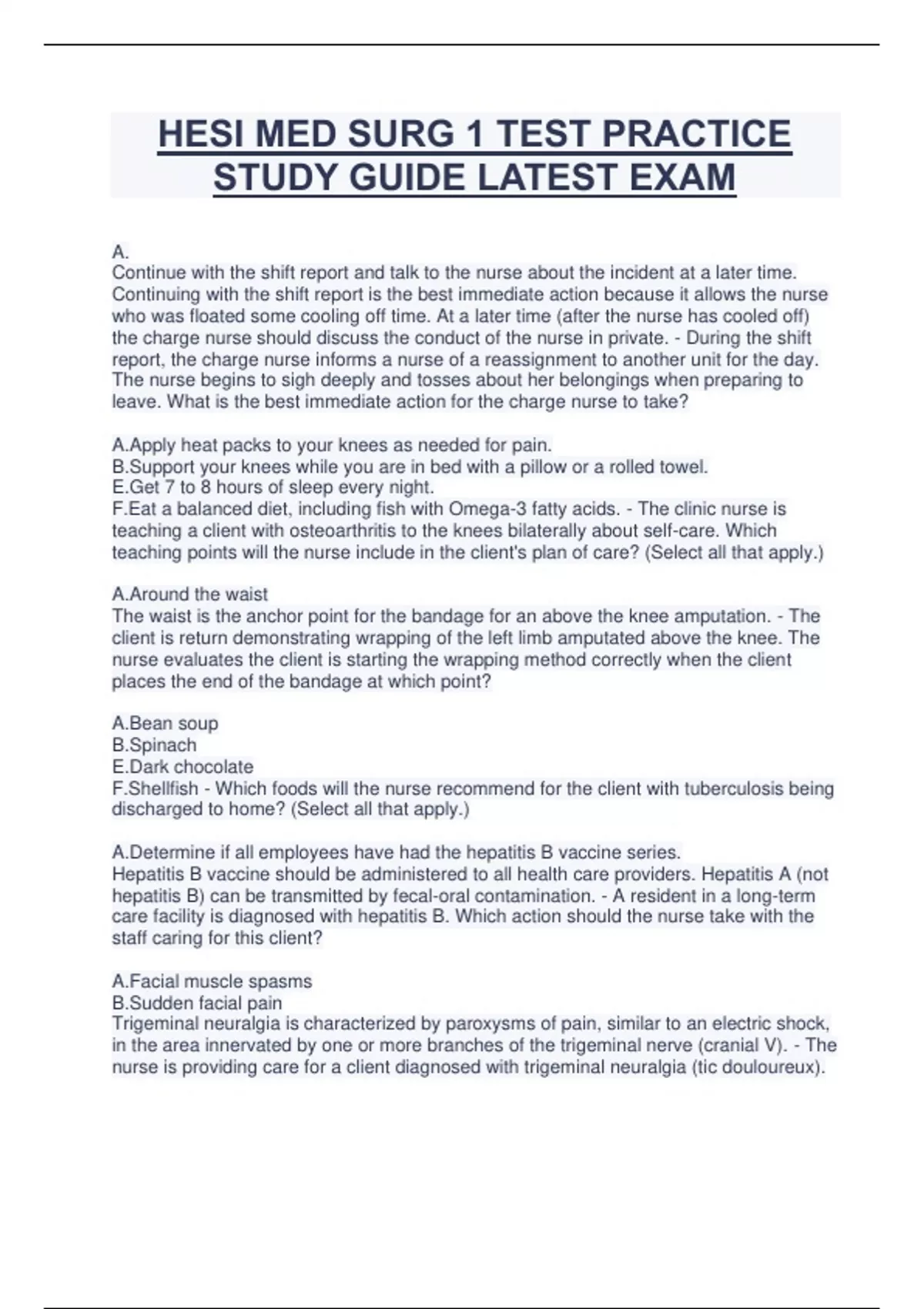 HESI MED SURG 1 TEST PRACTICE STUDY GUIDE LATEST EXAM - HESI MED SURG ...