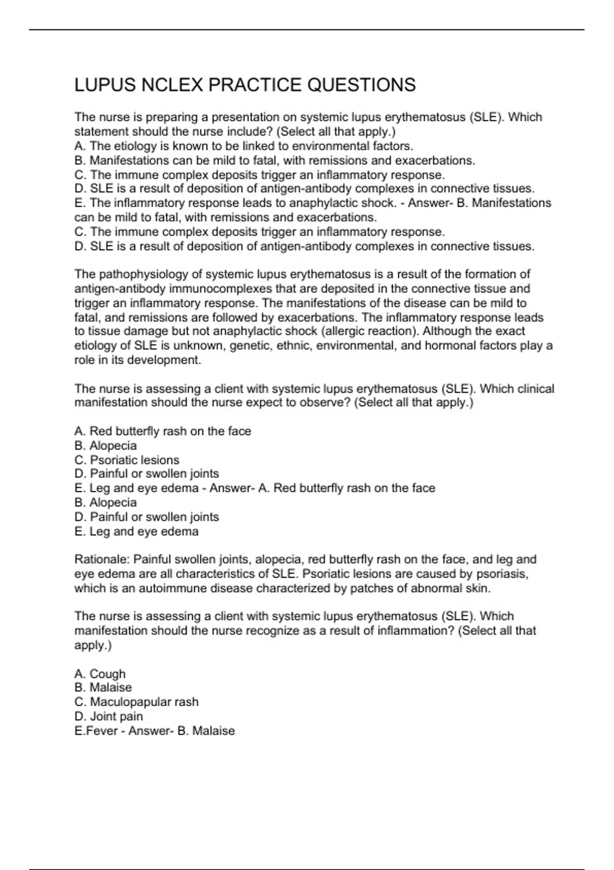 LUPUS NCLEX PRACTICE QUESTIONS LUPUS NCLEX Stuvia US