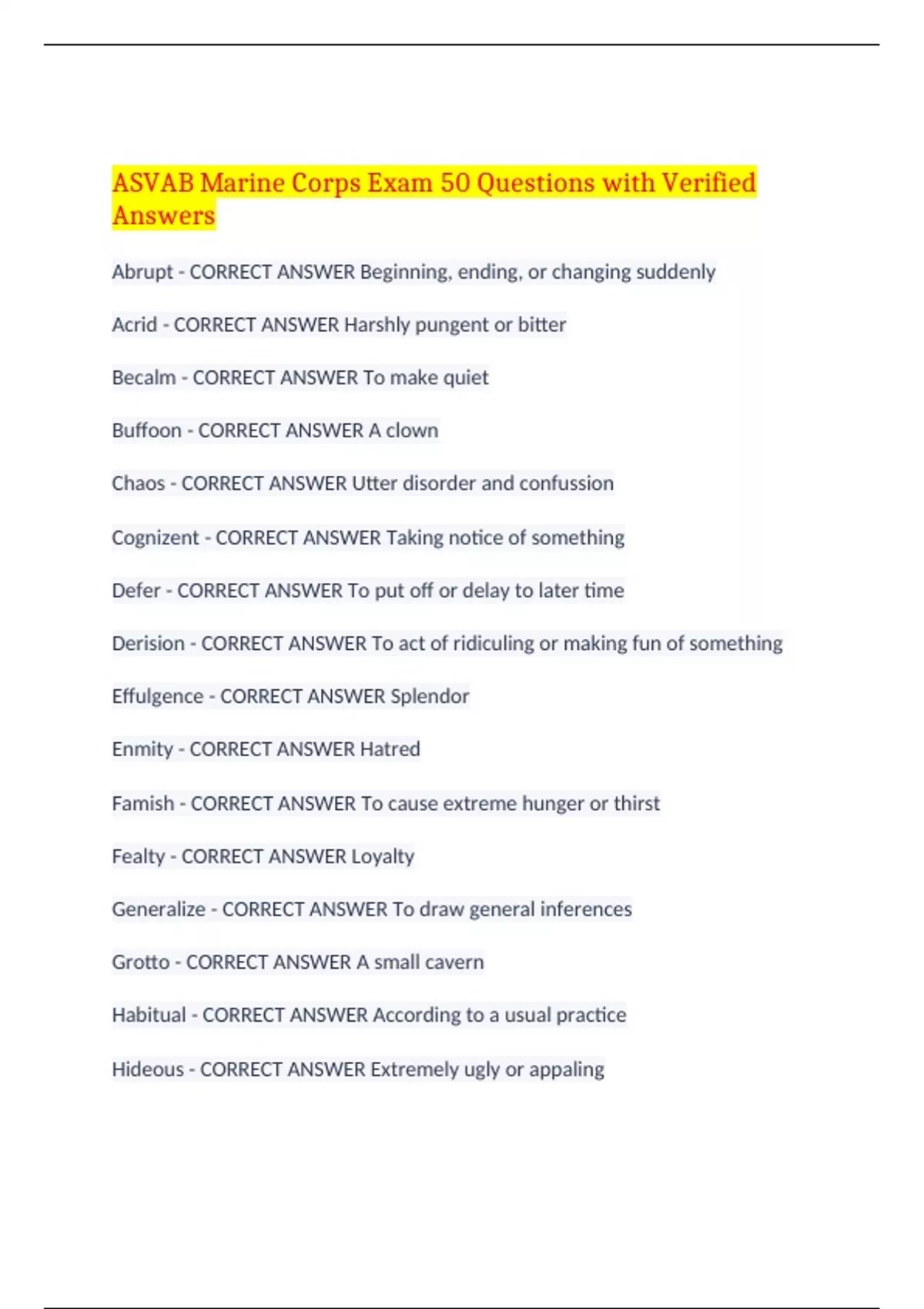 ASVAB Marine Corps Exam 50 Questions with Verified Answers,100 CORRECT