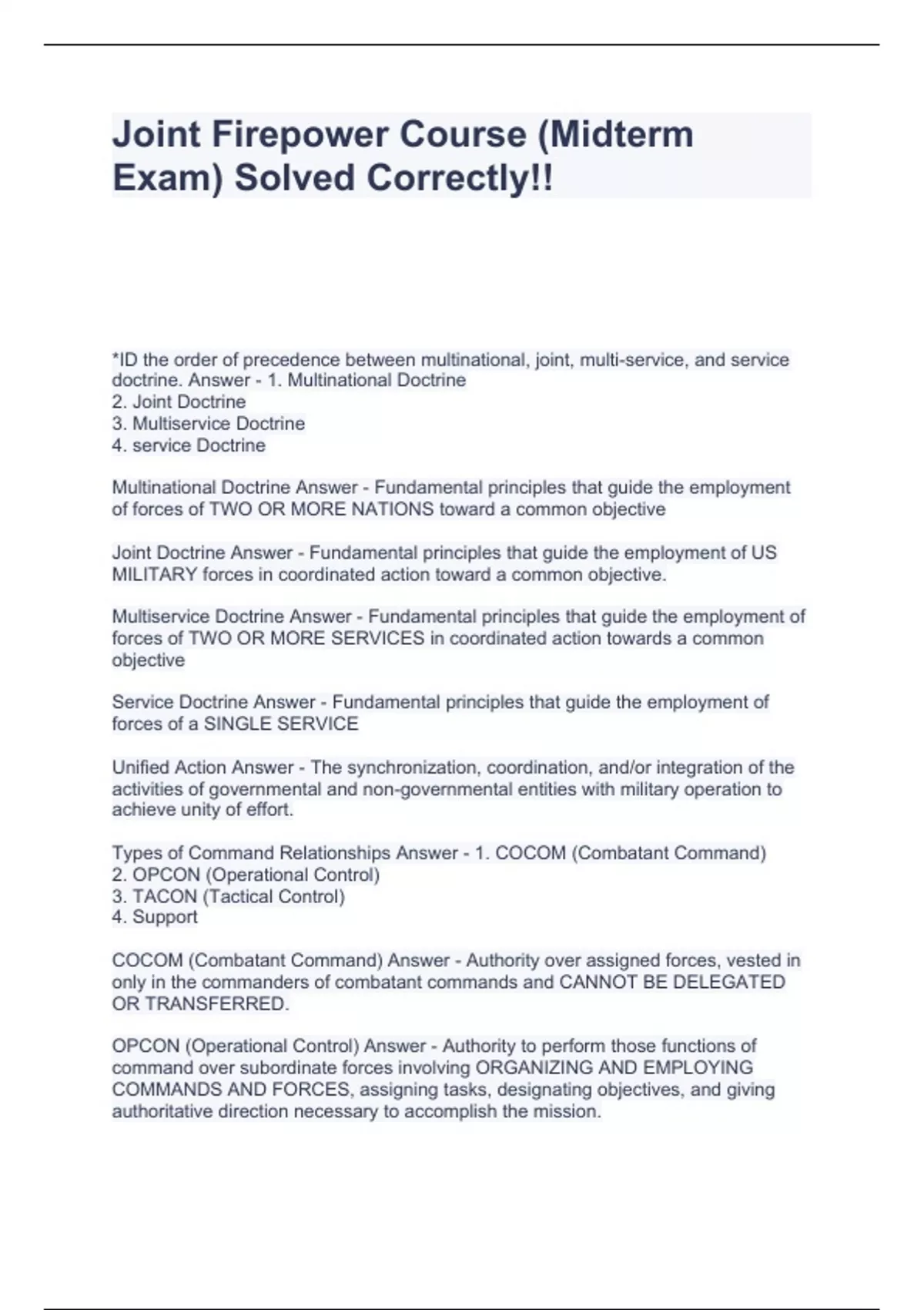 Joint Firepower Course (Midterm Exam) Solved Correctly!! JFC Stuvia US