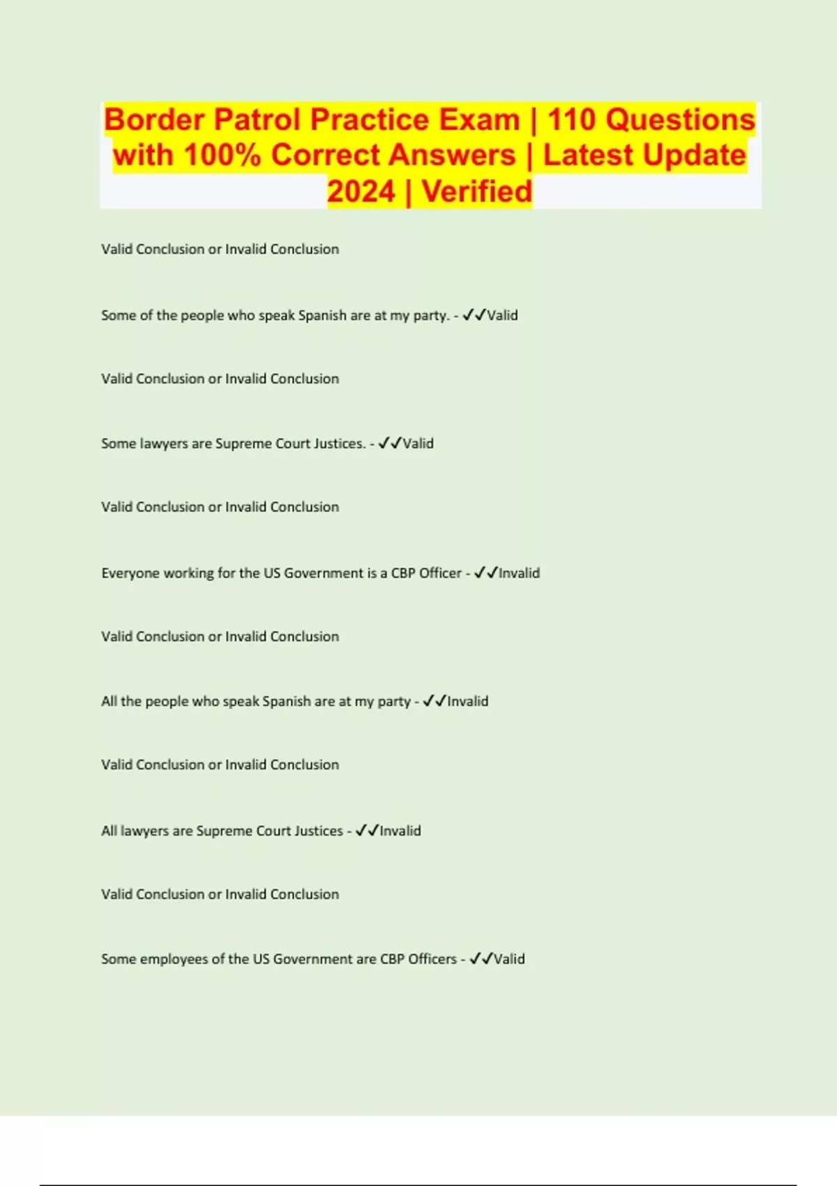 Border Patrol Practice Exam 110 Questions with 100 Correct Answers