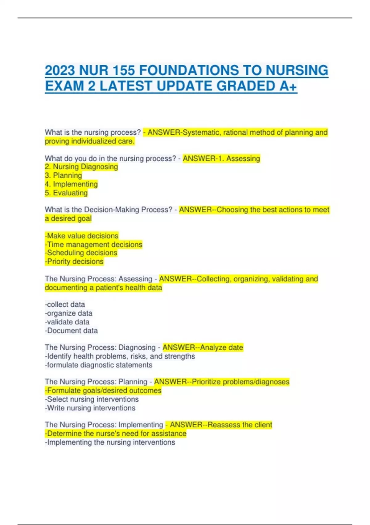 2023 NUR 155 FOUNDATIONS TO NURSING EXAM 2 LATEST UPDATE GRADED A+ ...