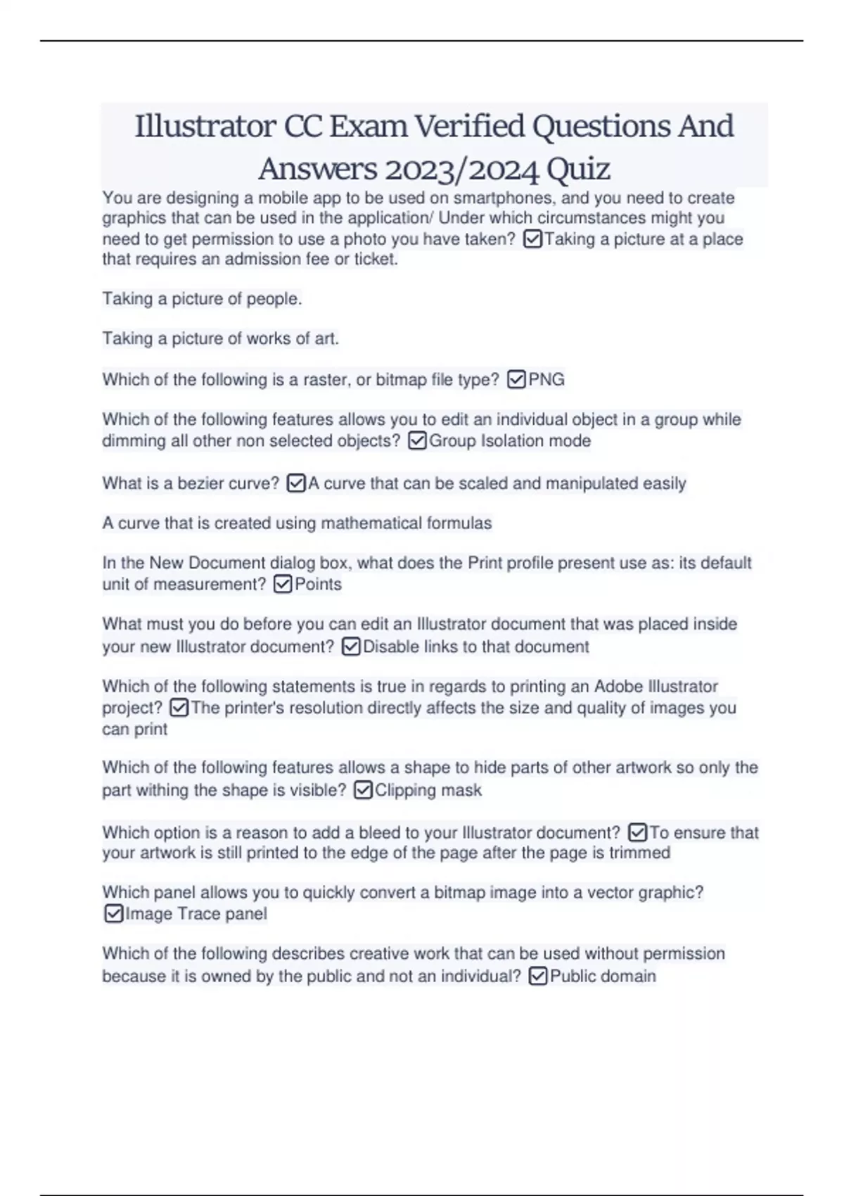 Illustrator CC Exam Verified Questions And Answers 2023/2024 Quiz