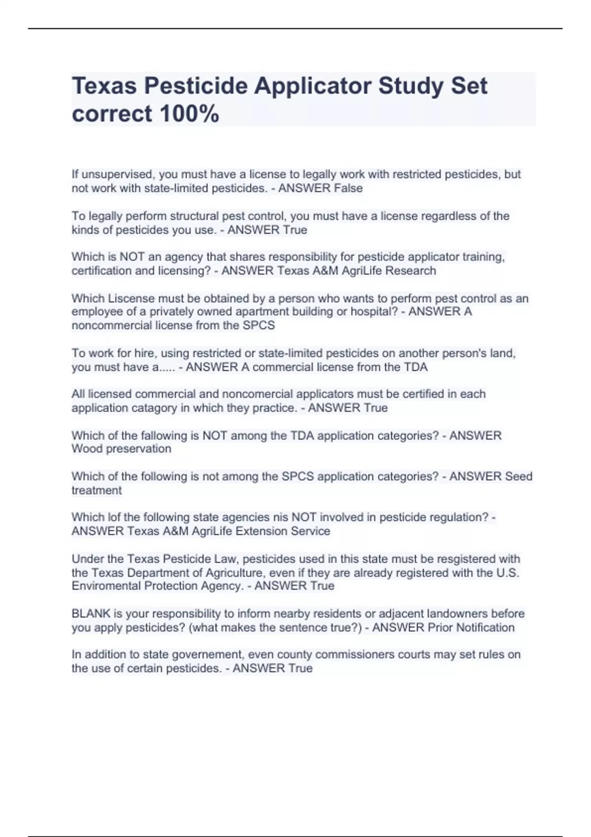Texas Pesticide Applicator Study Set correct 100 Texas Pesticide