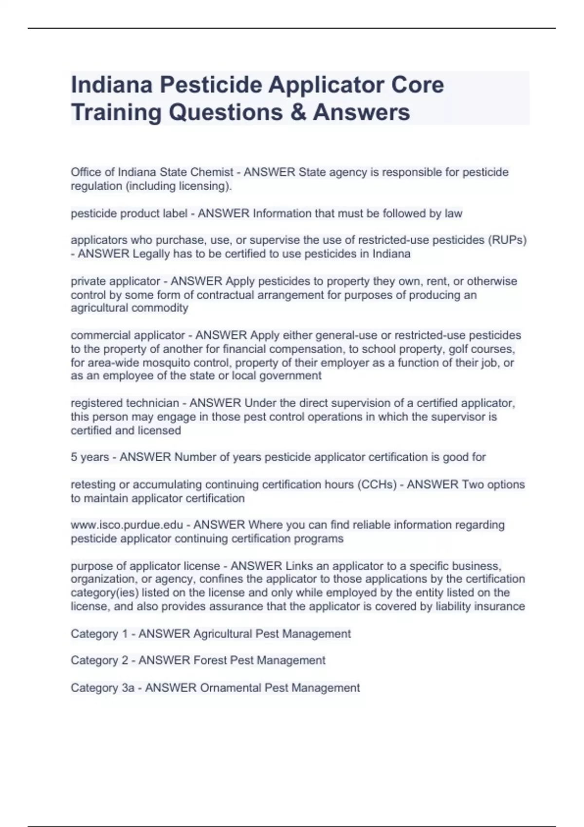 Indiana Pesticide Applicator Core Training Questions & Answers