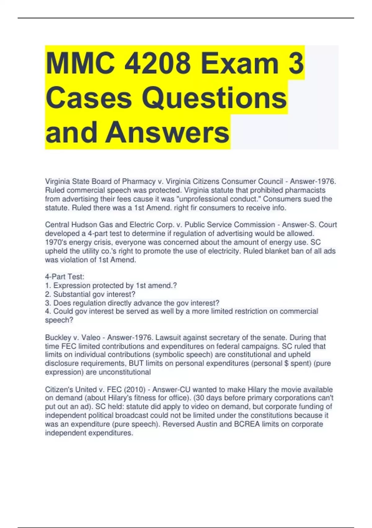 MMC 4208 Exam 3 Cases Questions and Answers MMC 4208 Stuvia US