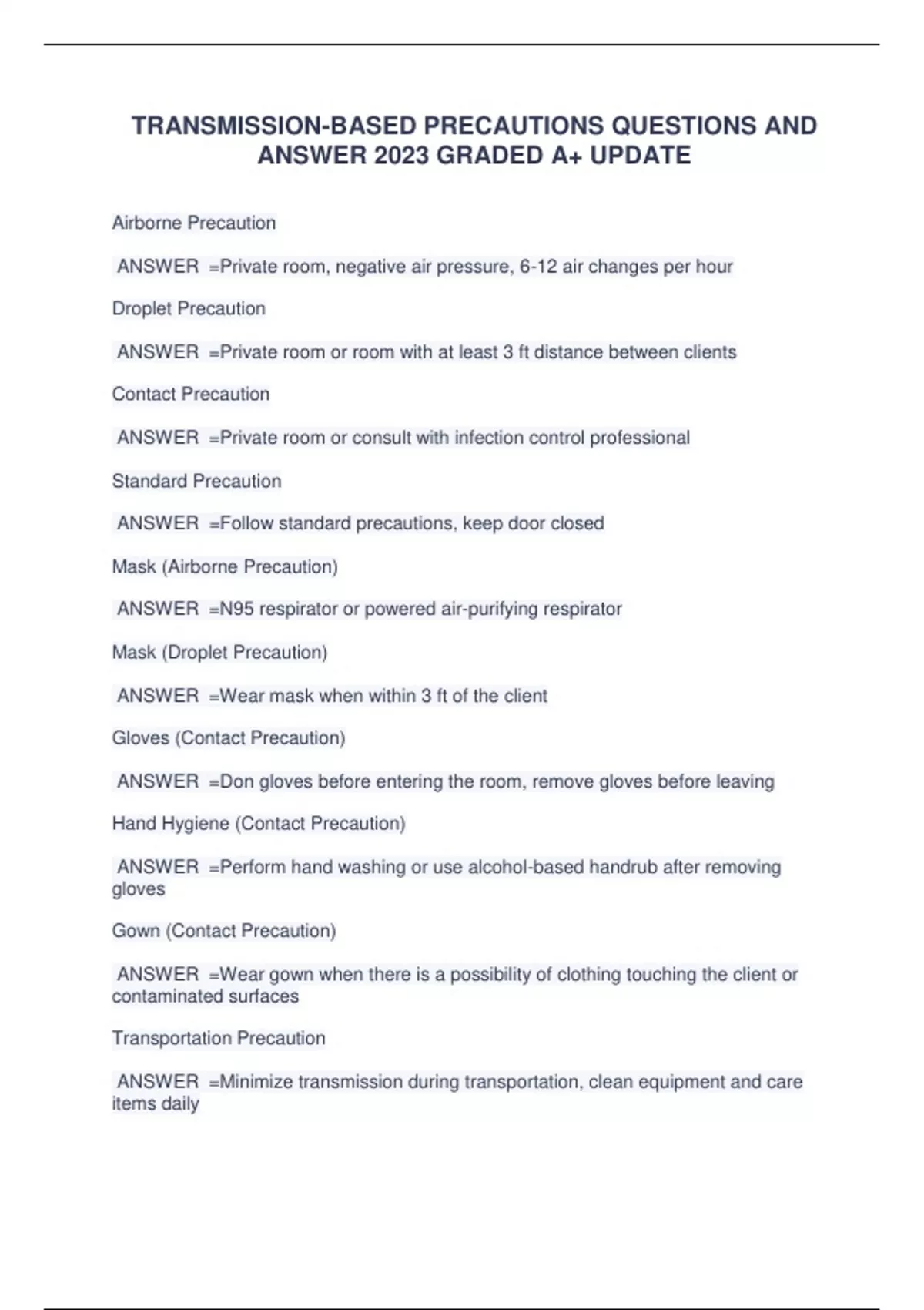 TRANSMISSIONBASED PRECAUTIONS QUESTIONS AND ANSWER 2023 GRADED A+ UPDATE TRANSMISSIONBASED
